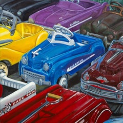 "Stoßstange an Stoßstange" - Buntes Stillleben von Spielzeugautos, Acrylmalerei