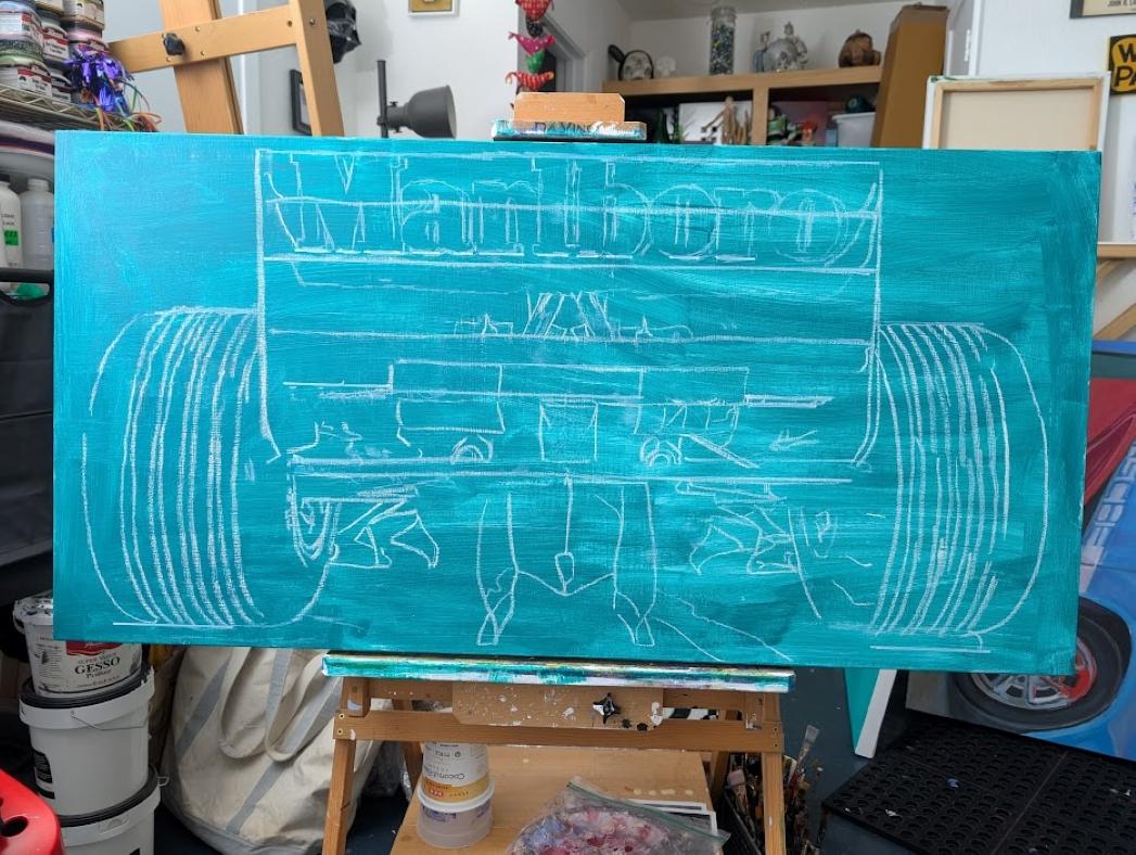 About this Painting:  I was so fortunate to have traveled to Italy to visit the Ferrari factory and museum in 2018. I took so many photos of phenomenal Ferraris, like this F2000. 

I played a bit with my reference photo to put this race car in a