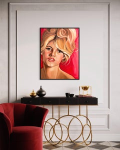 "Bardot" - Contemporary Realism Portrait of Bardot over Red - Oil Painting
