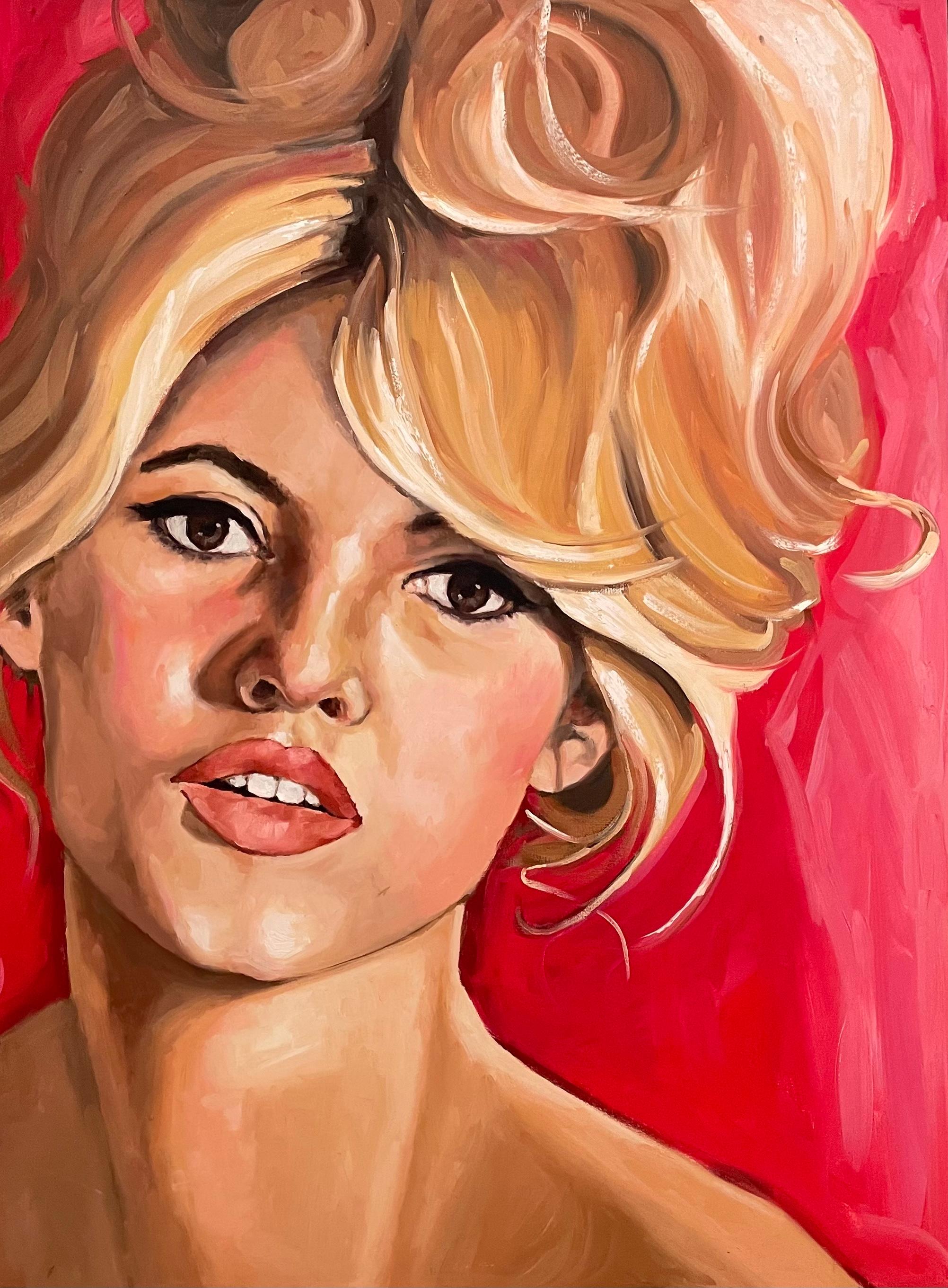 "Bardot", une huile sur panneau de 40 x 30 pouces de Shana Wilson, est un hommage contemporain à l'actrice française emblématique et sex-symbol, Brigitte Bardot. Wilson capture l'allure de Bardot grâce à un coup de pinceau assuré et à une palette