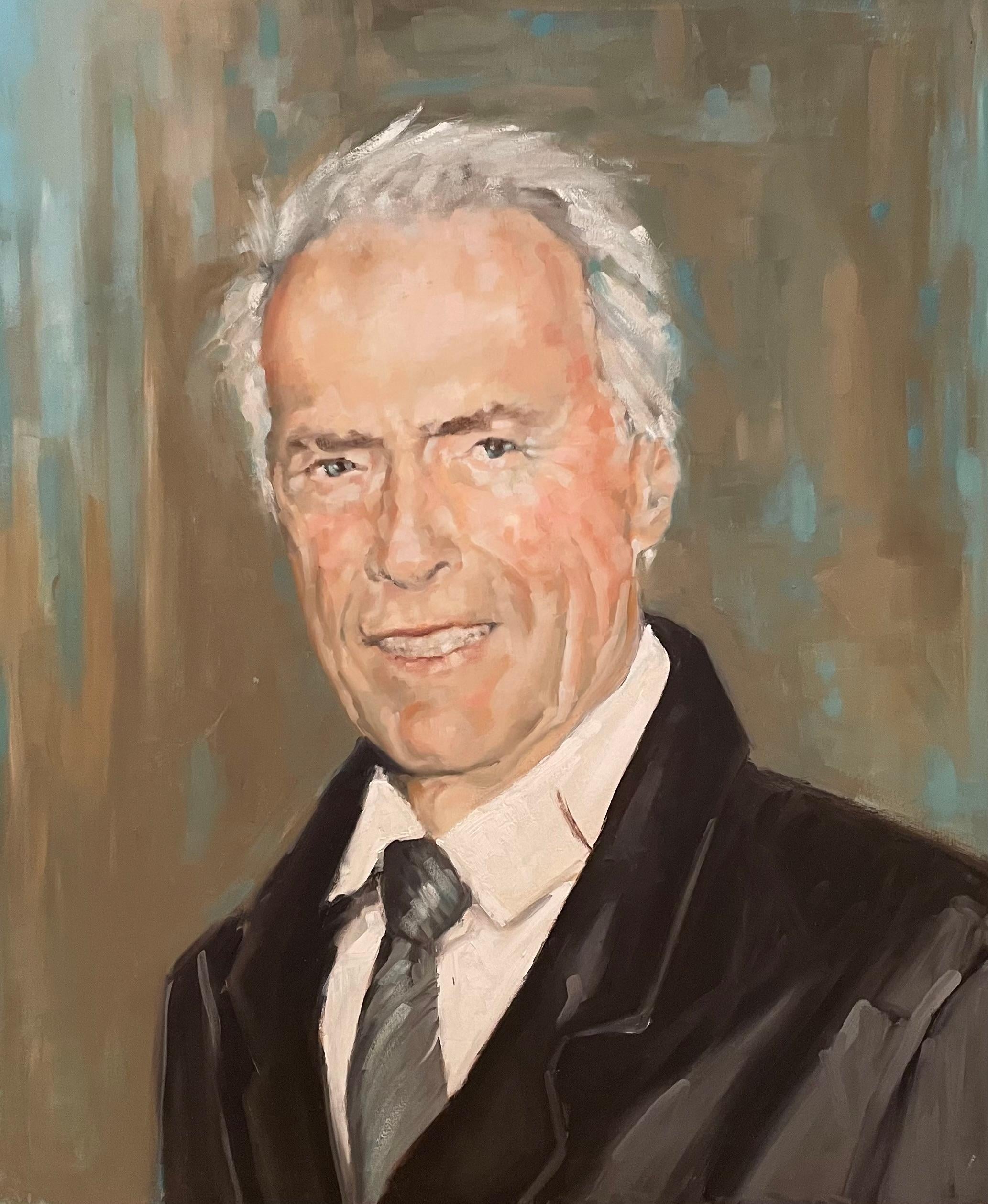 "Clint Eastwood" de Shana Wilson - Retrato realista de Eastwood - Azul y gris