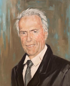 "Clint Eastwood" de Shana Wilson - Retrato realista de Eastwood - Azul y gris