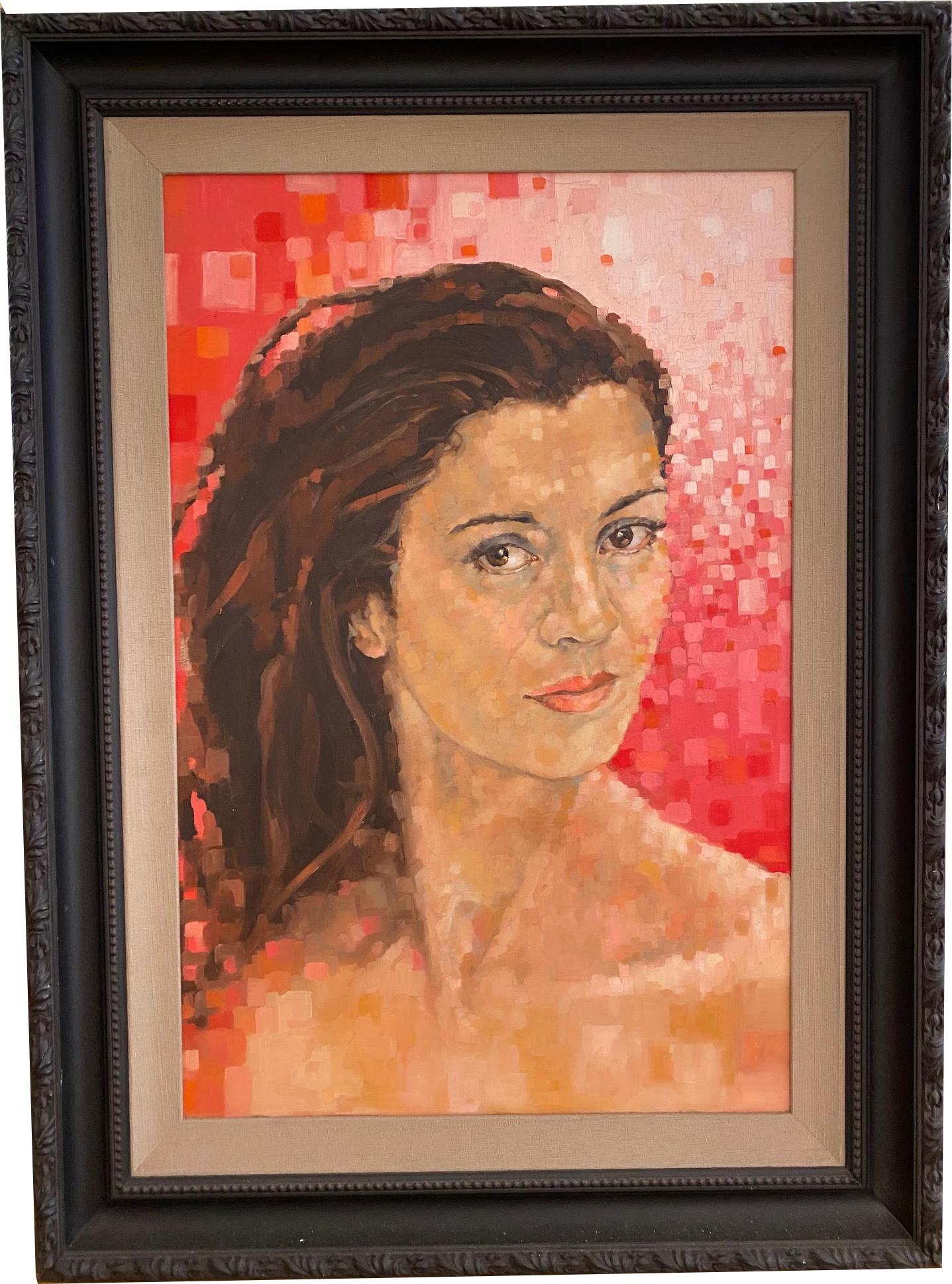 Women portrait With Cubist Red Background  Female Model  Oil On Board by Shana - Painting by Shana Wilson