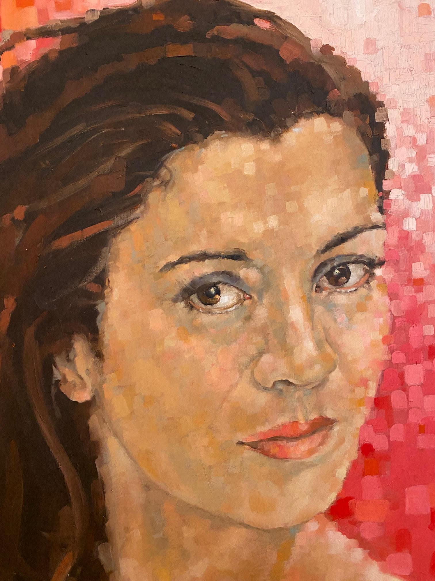 Portrait de femme avec fond rouge cubiste  Modèle féminin  Huile sur panneau par Shana - Orange Figurative Painting par Shana Wilson