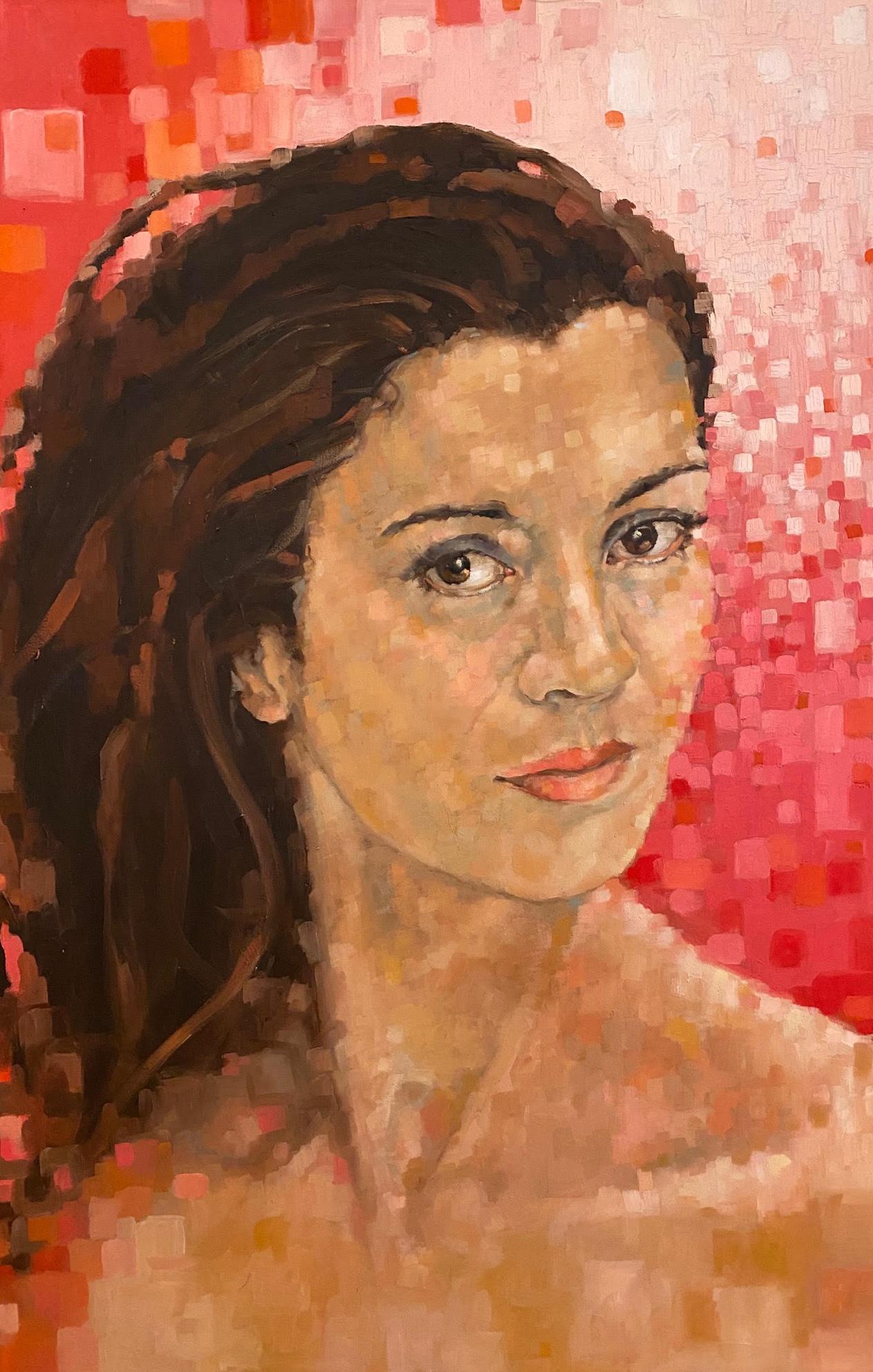 Figurative Painting Shana Wilson - Portrait de femme avec fond rouge cubiste  Modèle féminin  Huile sur panneau par Shana