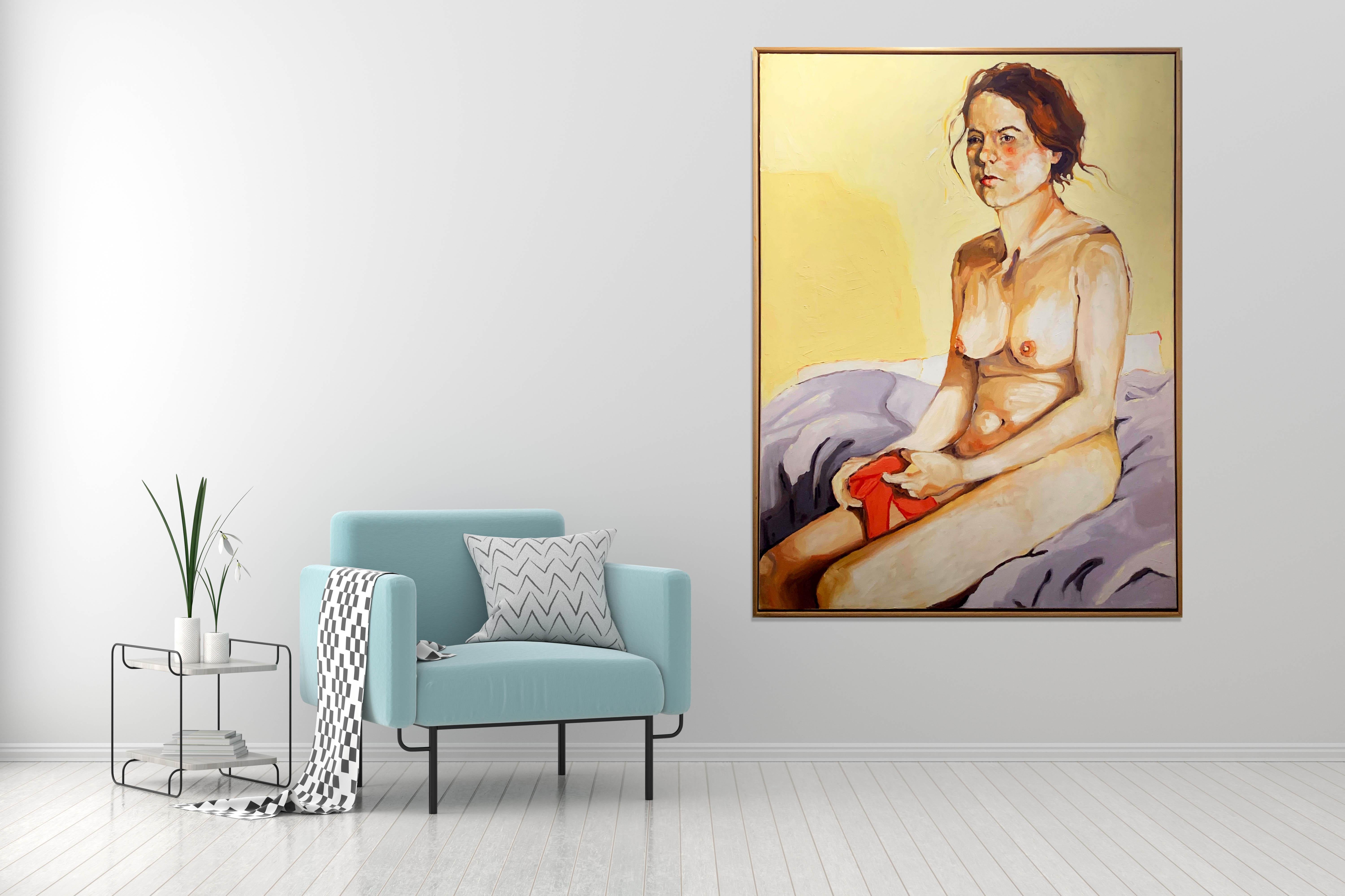 Femmes nues assises - Figuratif  Huile sur toile à fond jaune avec fond jaune de Shana  - Beige Portrait Painting par Shana Wilson