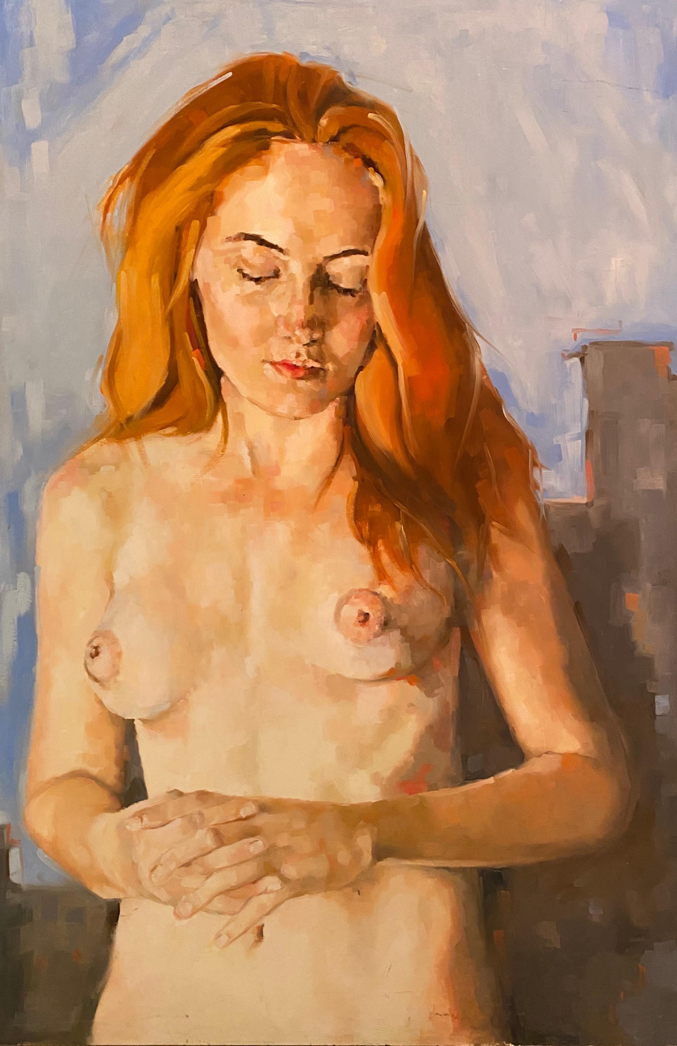 Jeune femme avec des cheveux rouges - Nu figuratif  Modèle féminin, huile sur panneau, par Shana 