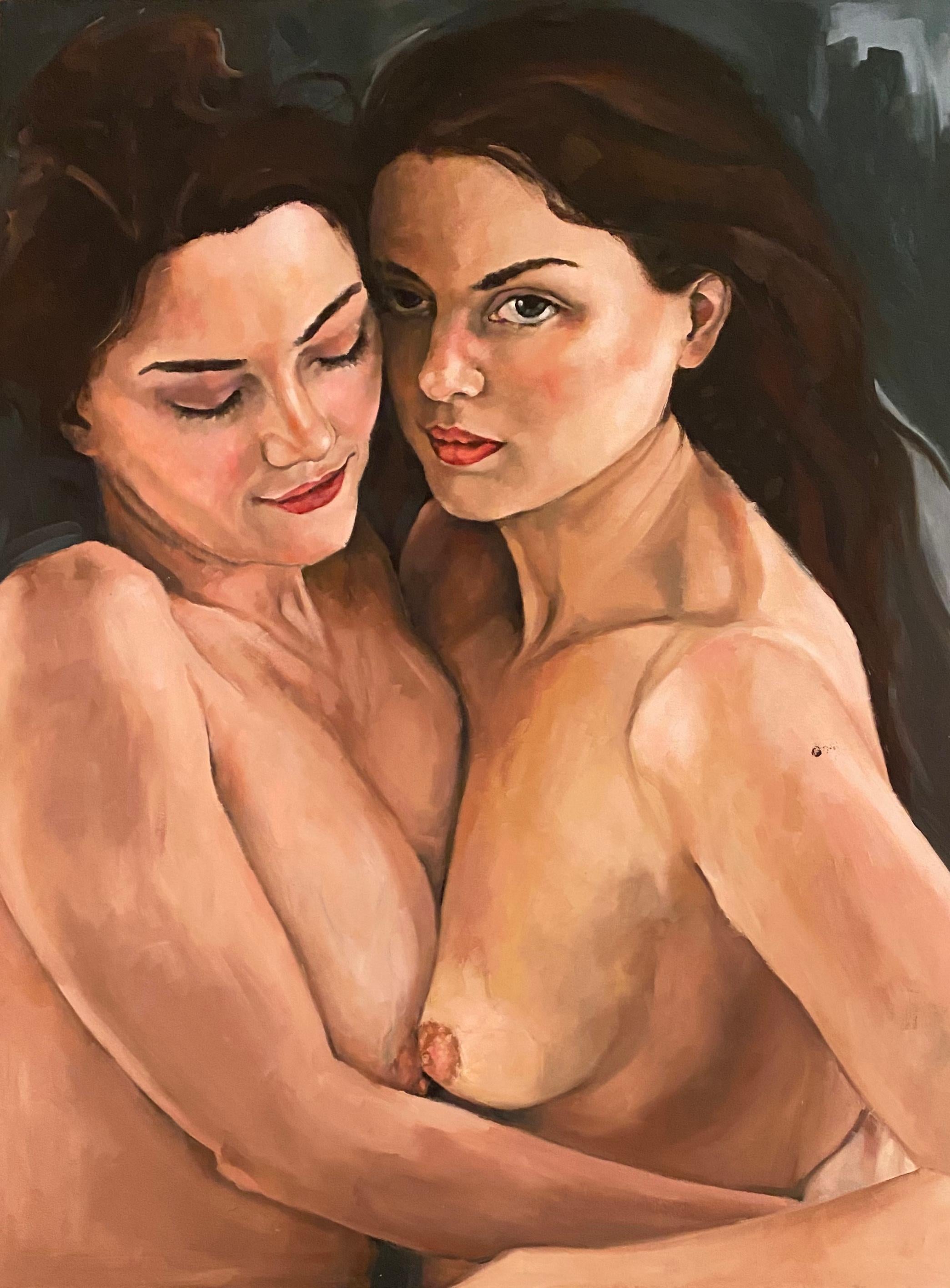 ‘The Lovers’ Figurative  Nude Female Models oil on board by Shana Wilson 