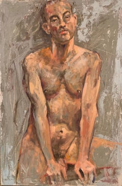 ‘Seated Young Man’ Figurative Nude Male Model Mixed Media by Shana Wilson