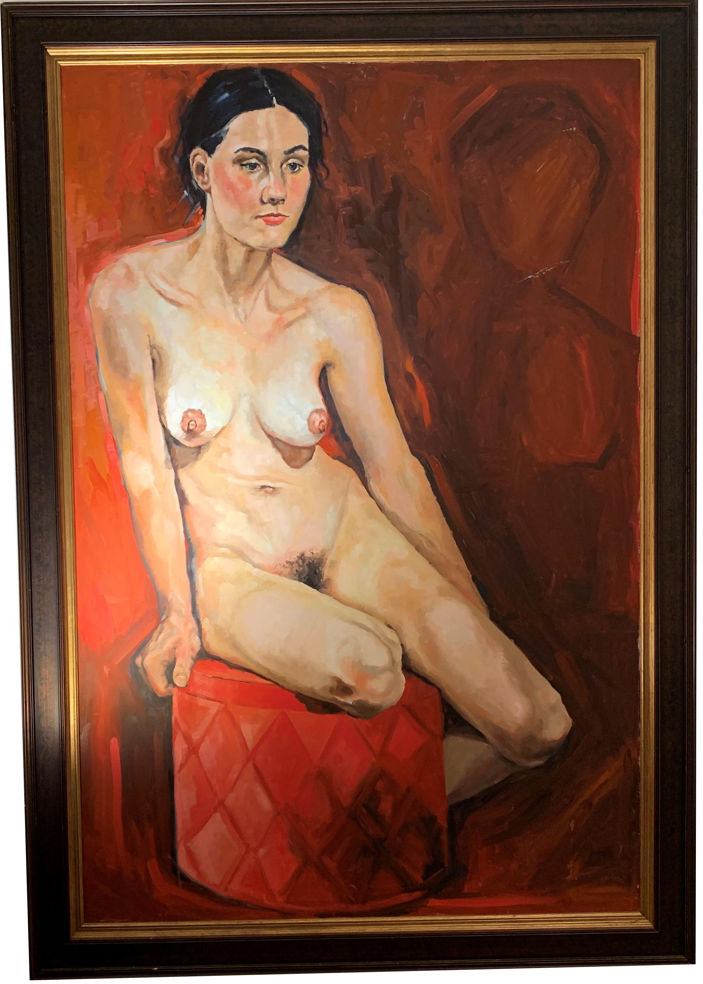 Woman Seating  With Red Background Figurative Nude Female Model Oil On Canvas - Painting by Shana Wilson