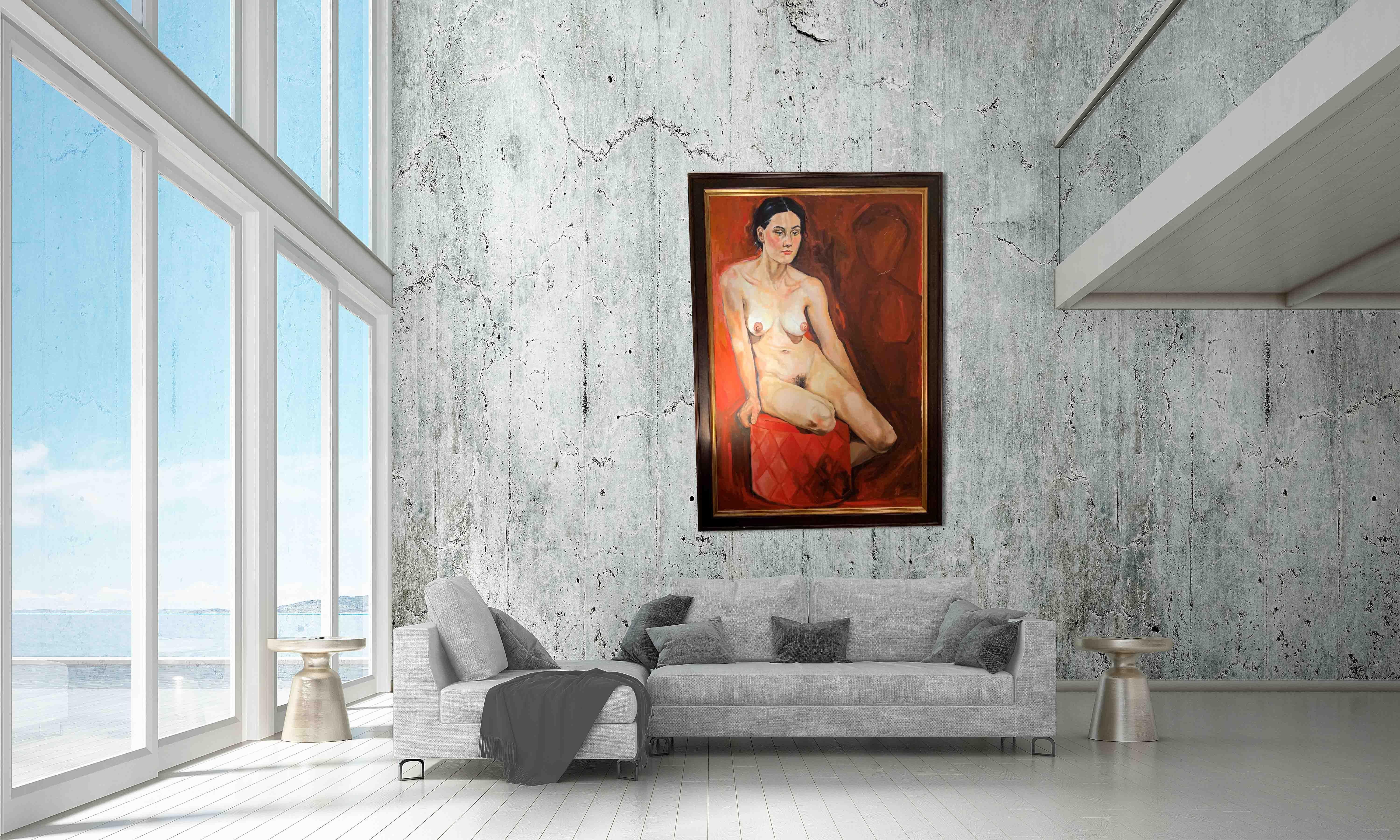 Sièges pour femmes  Sur fond rouge Figurative Nude Female Model Huile sur toile - Expressionniste Painting par Shana Wilson