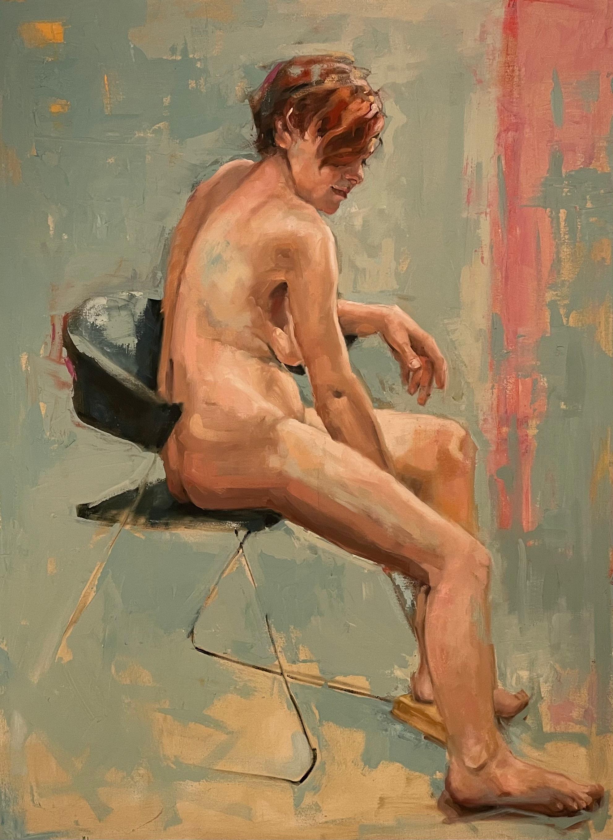 In "Nude Woman Seated," a 40" x 30" oil on wood panel by Shana Wilson, there is an intimate portrayal of vulnerability and quiet strength. The artist employs a soft, earth-toned palette, with shades of warm beige, muted greens, and accents of coral,