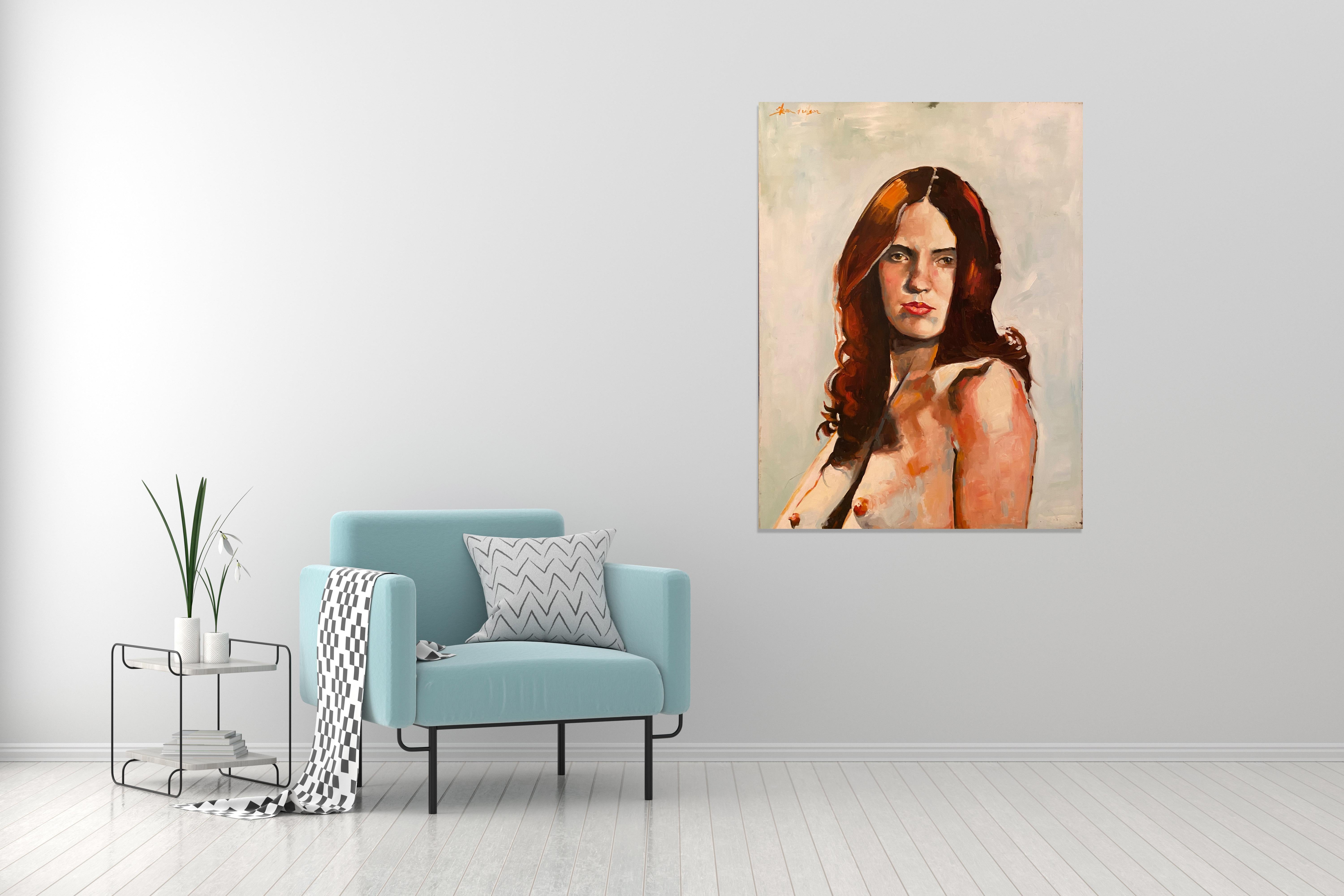 ‘Woman With Brown Hair'  Female Nude Model Figurative Art  Portrait  by Shana  - Expressionist Painting by Shana Wilson