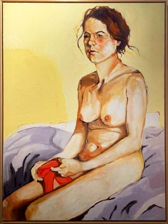 ‘Seated Nude women’ Figurative  With Yellow Background Oil on Canvas by Shana 