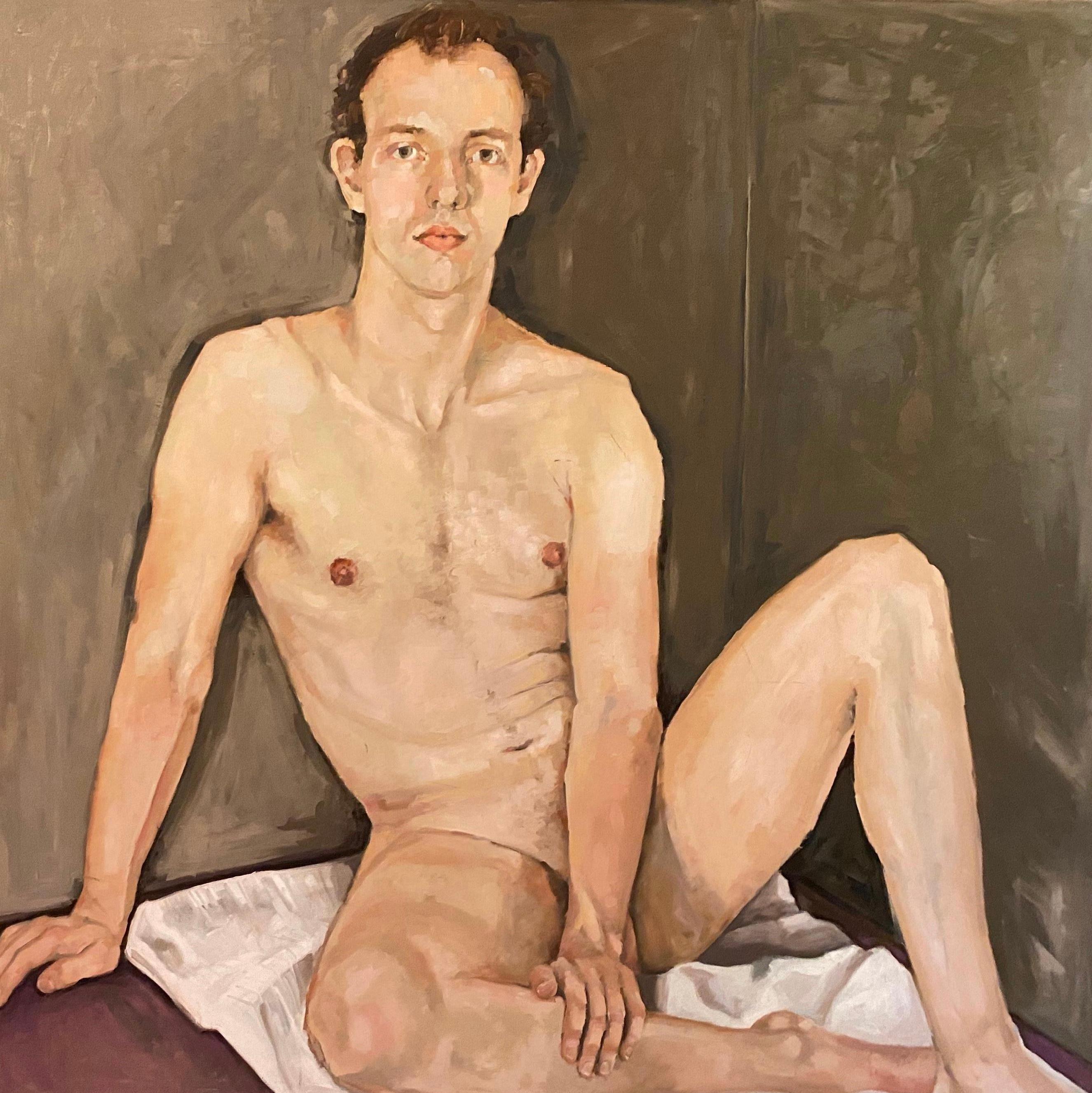 Shana Wilson Nude Painting - "Seated Young Man" by Wilson - Young Man over Dark Background - Intimate Nude