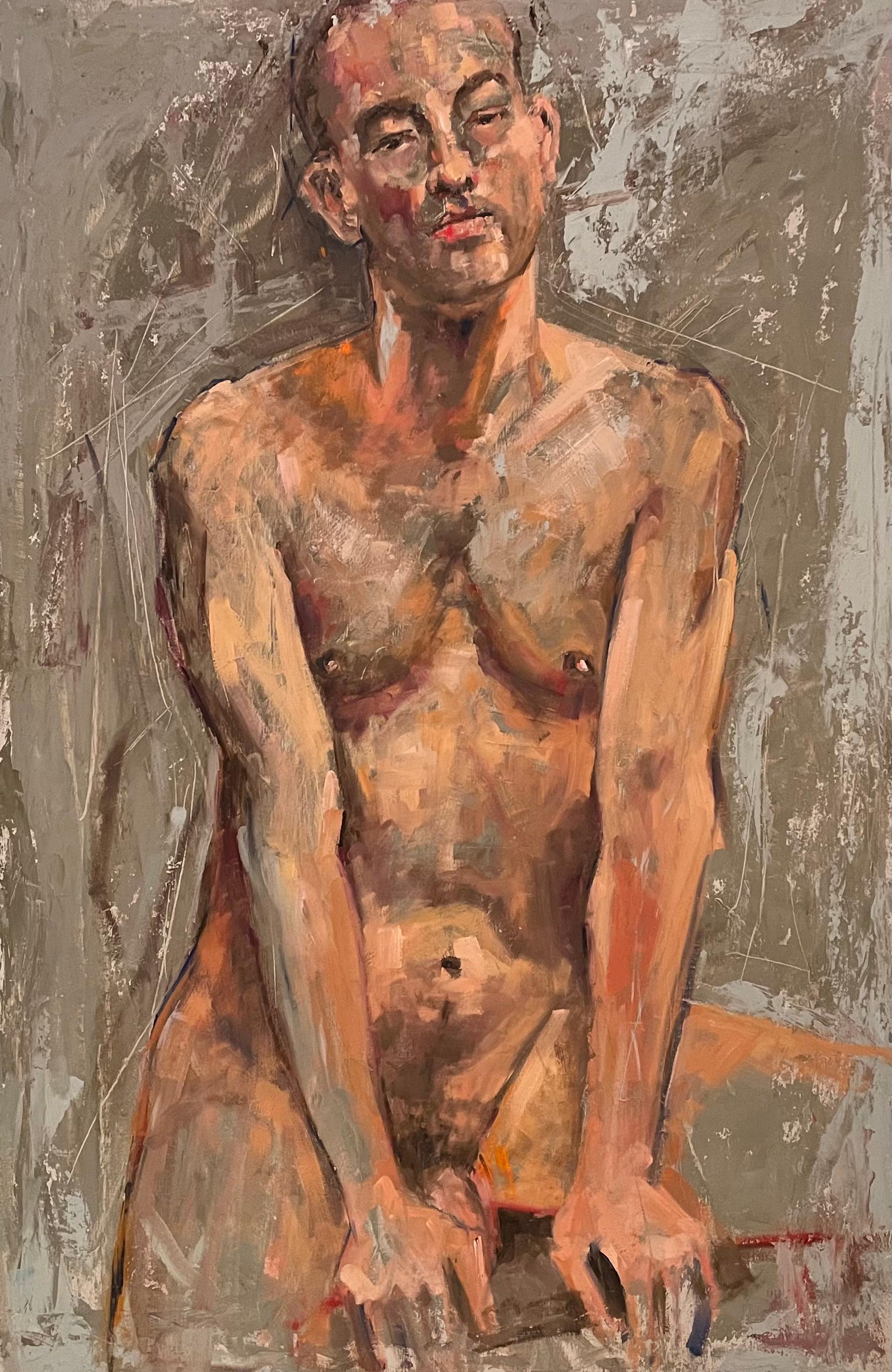 "Seated Young Man" by Shana Wilson - Figurative Nude Oil Painting in Earth Tones