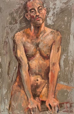 "Seated Young Man" by Shana Wilson - Figurative Nude Oil Painting in Earth Tones
