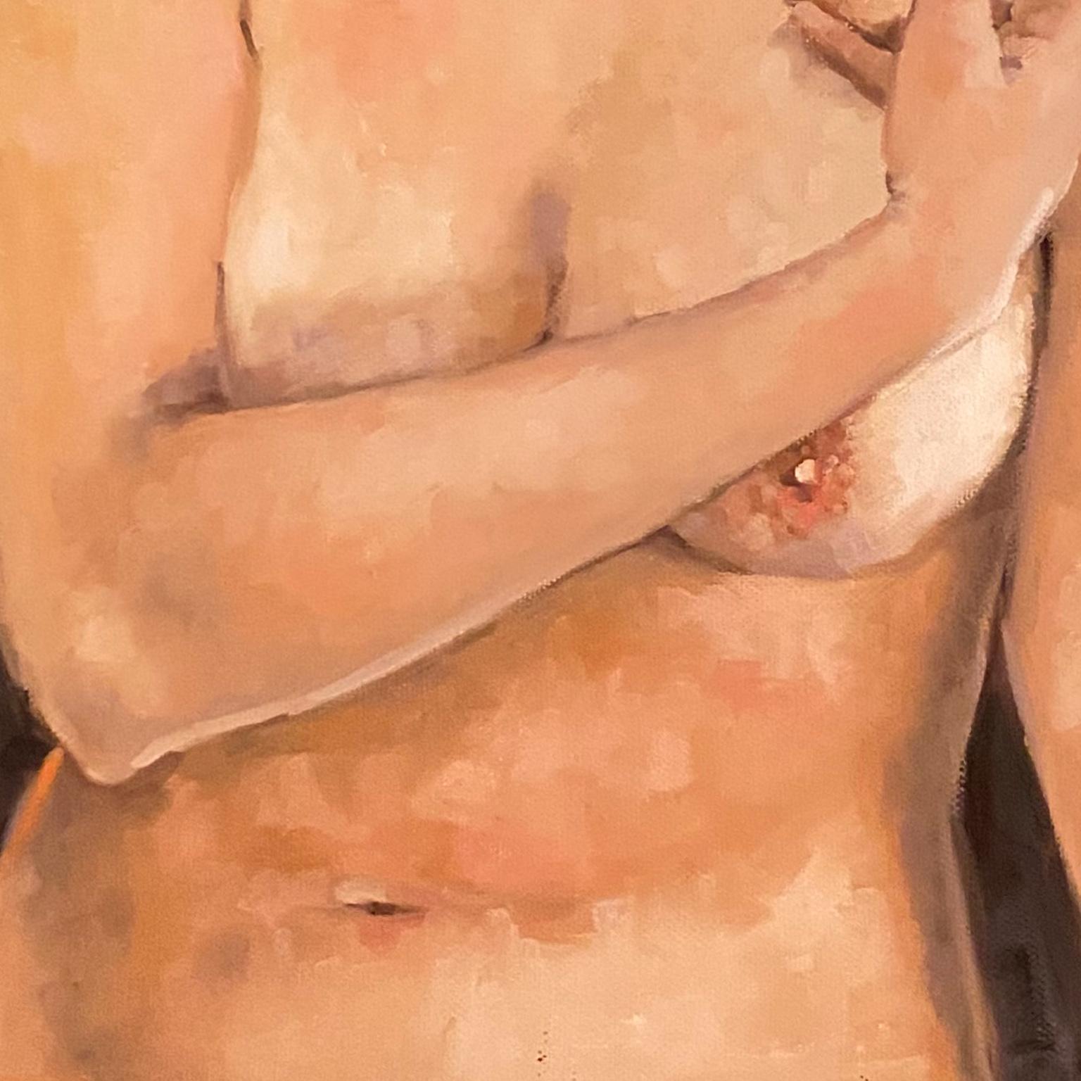 ‘Standing Young Woman’ Figurative Nude Female Model Contemporary Original Art  - Orange Nude Painting by Shana Wilson