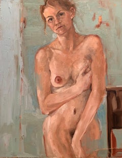 Jeunes femmes à fond bleu clair - Figuratif Femme nue Modèle de supports mélangés