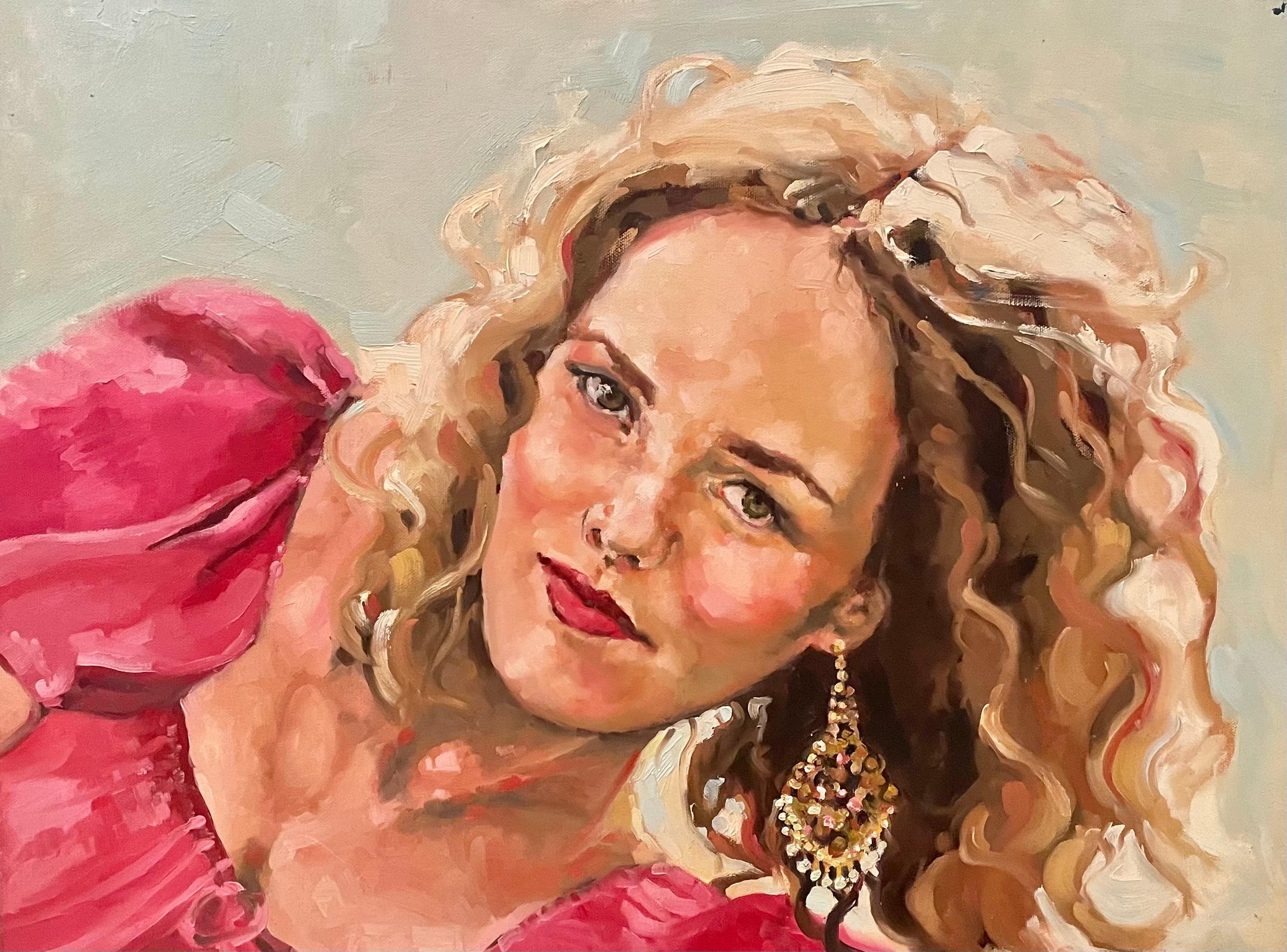 "Vanessa Paradis" by Shana Wilson - Soft Realism Portrait in Pink Oil Painting