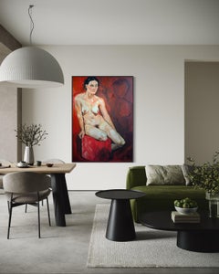 "Senza titolo" di Shana Wilson - Pittura ad olio figurativa di grandi dimensioni di una donna nuda e seduta