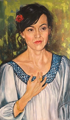 Woman with a red rose - Großes figürliches Frauenbild  Öl auf Leinwand von Shana Wilson