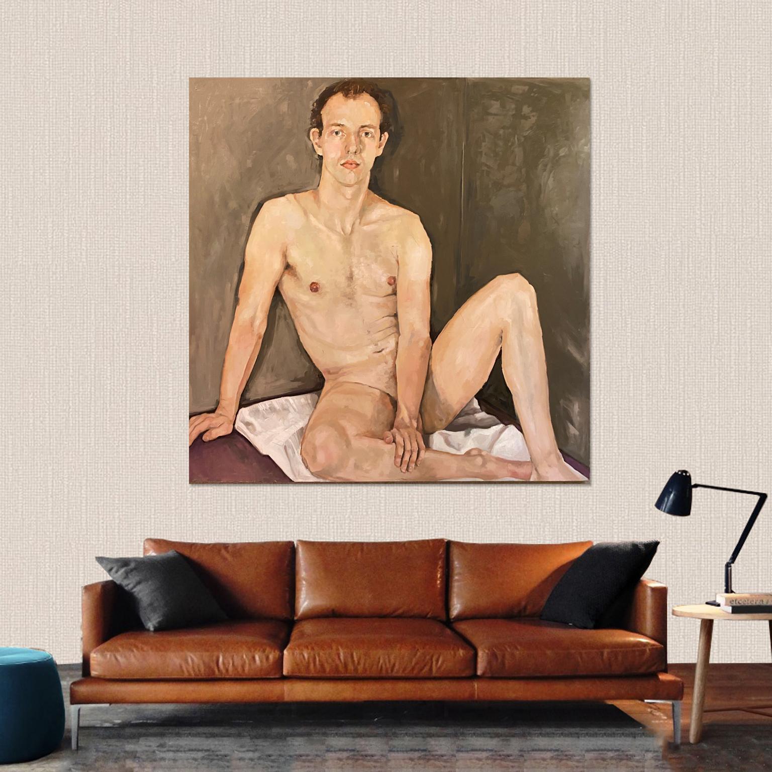 Sitzender junger Mann Figurative Kunst,  Nackt  Man Modell, Öl auf Karton, Gemälde von Shana im Angebot 1