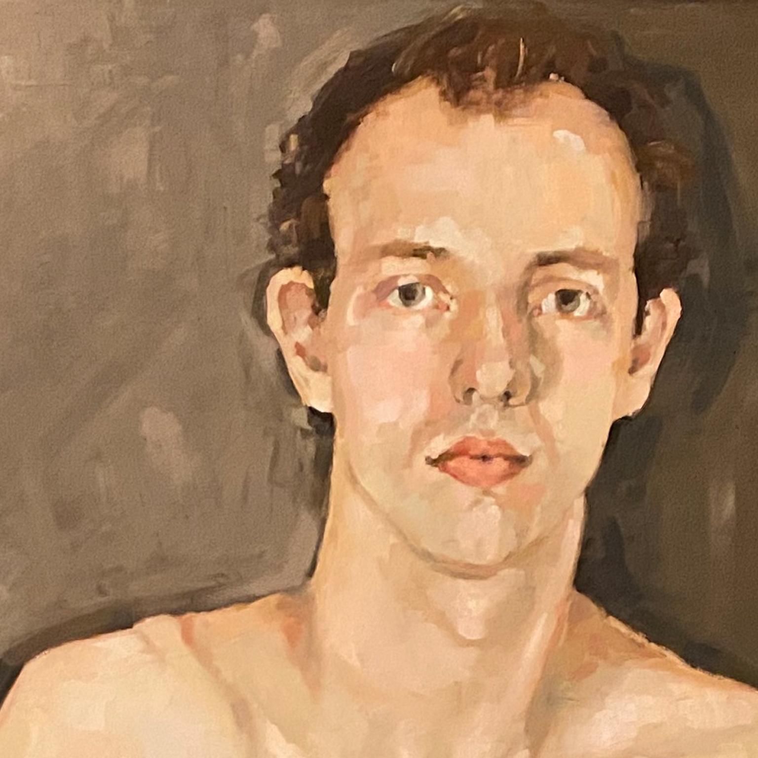 Sitzender junger Mann Figurative Kunst,  Nackt  Man Modell, Öl auf Karton, Gemälde von Shana – Painting von Shana Wilson