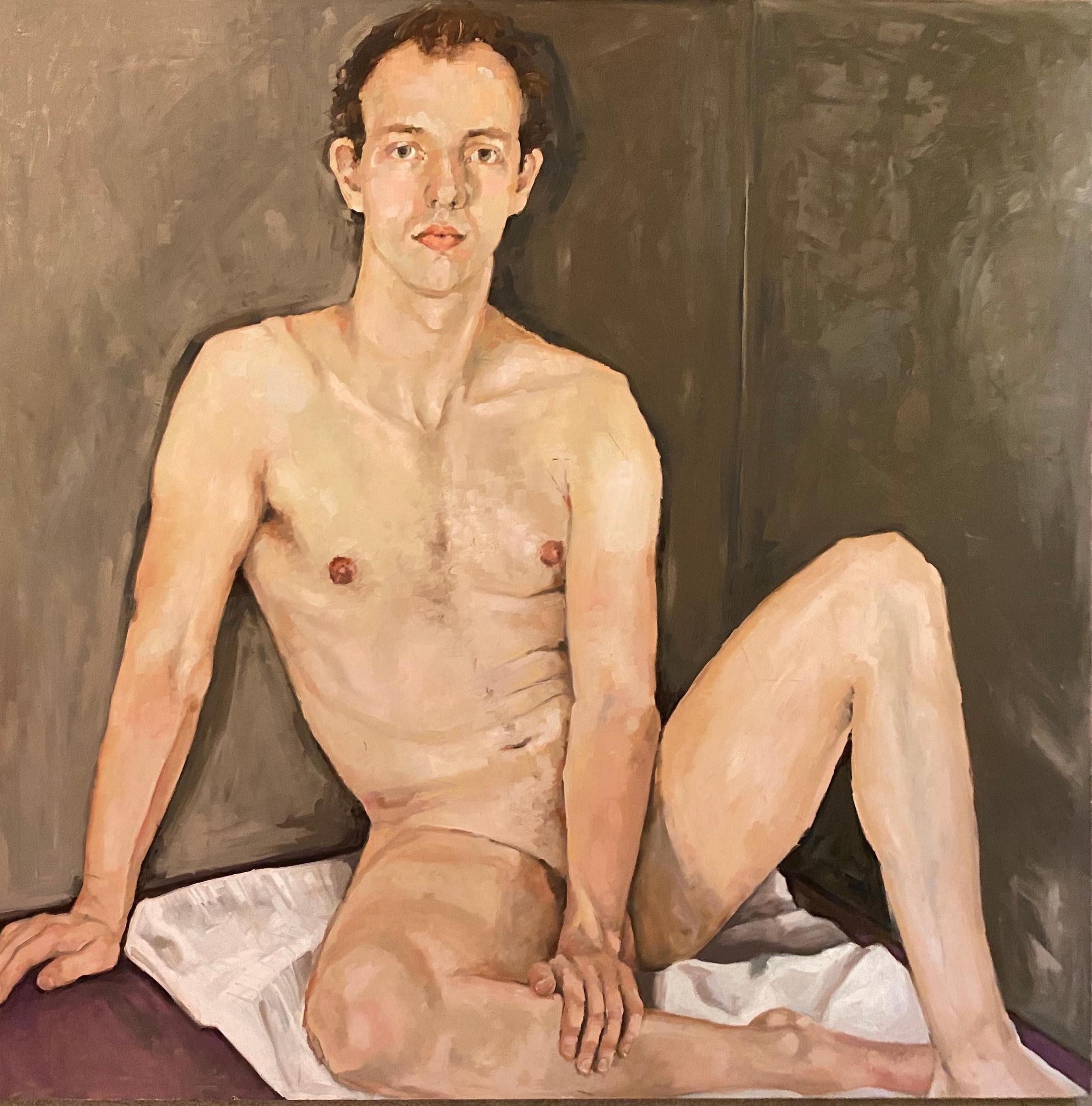 Sitzender junger Mann Figurative Kunst,  Nackt  Man Modell, Öl auf Karton, Gemälde von Shana