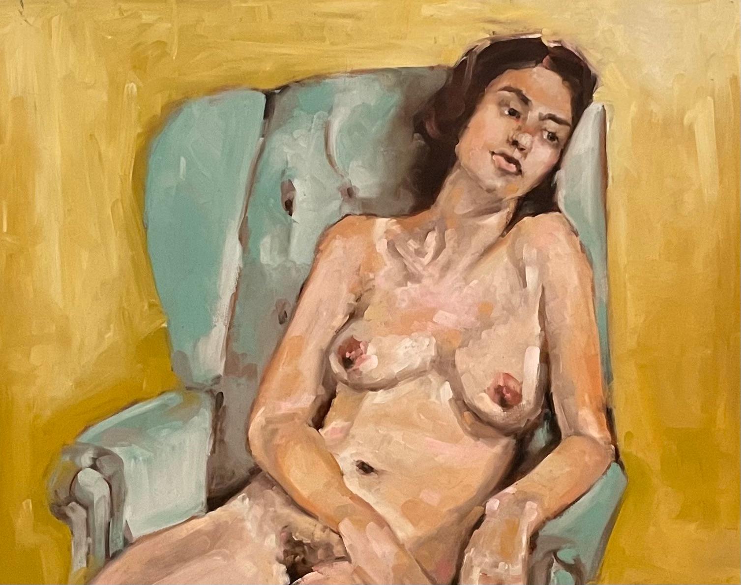 Shana Wilson's "Young Woman on Blue Chair" is a 16" x 20" (26.5x30.5 Framed) masterpiece that captures the essence of contentment and relaxation. The young nude woman, with brown hair and a tranquil expression, sits on a light blue chair against a