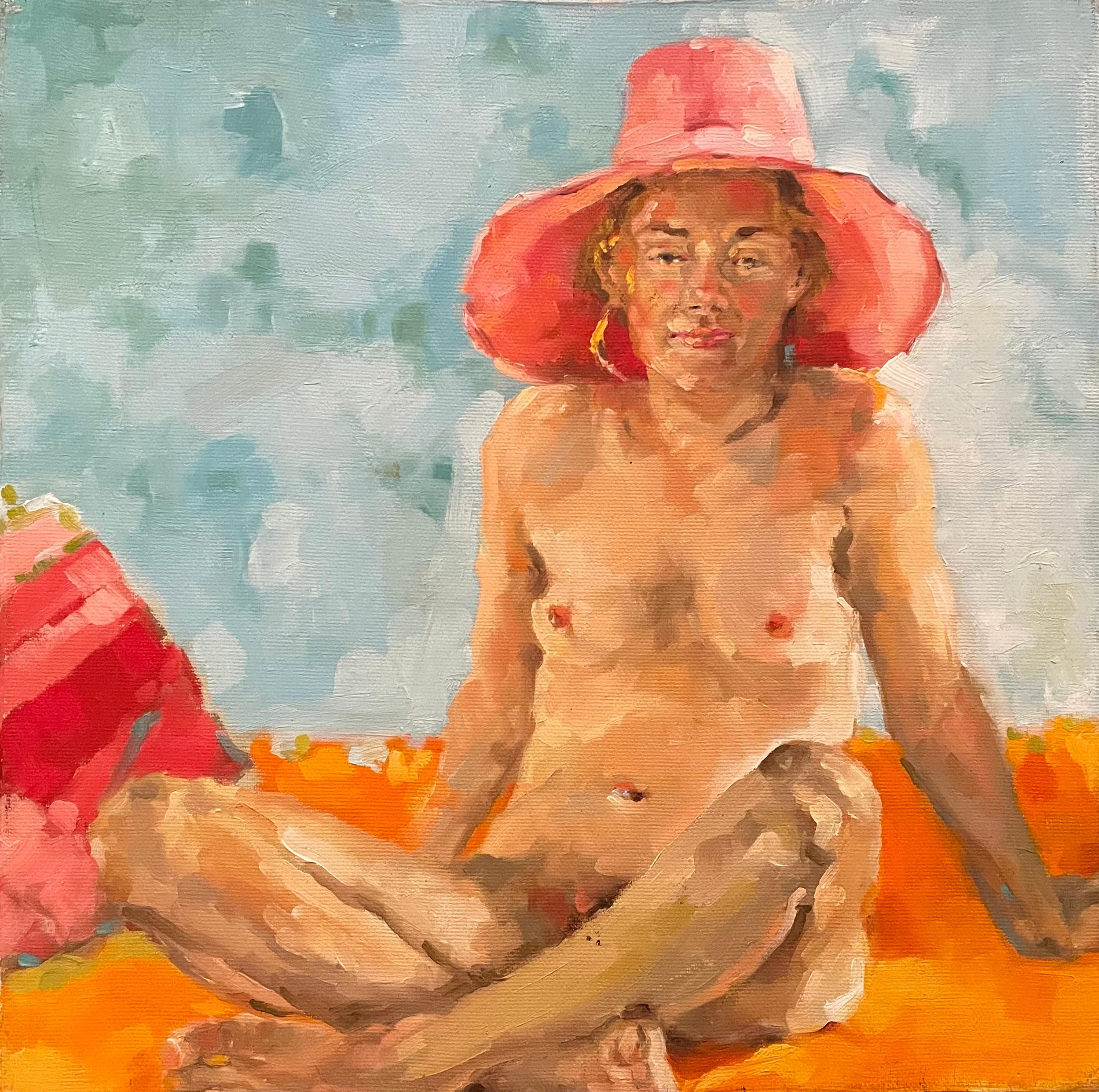 "Cappello rosa" di Shana Wilson - Nudo figurativo morbido - Donna in spiaggia in rosa