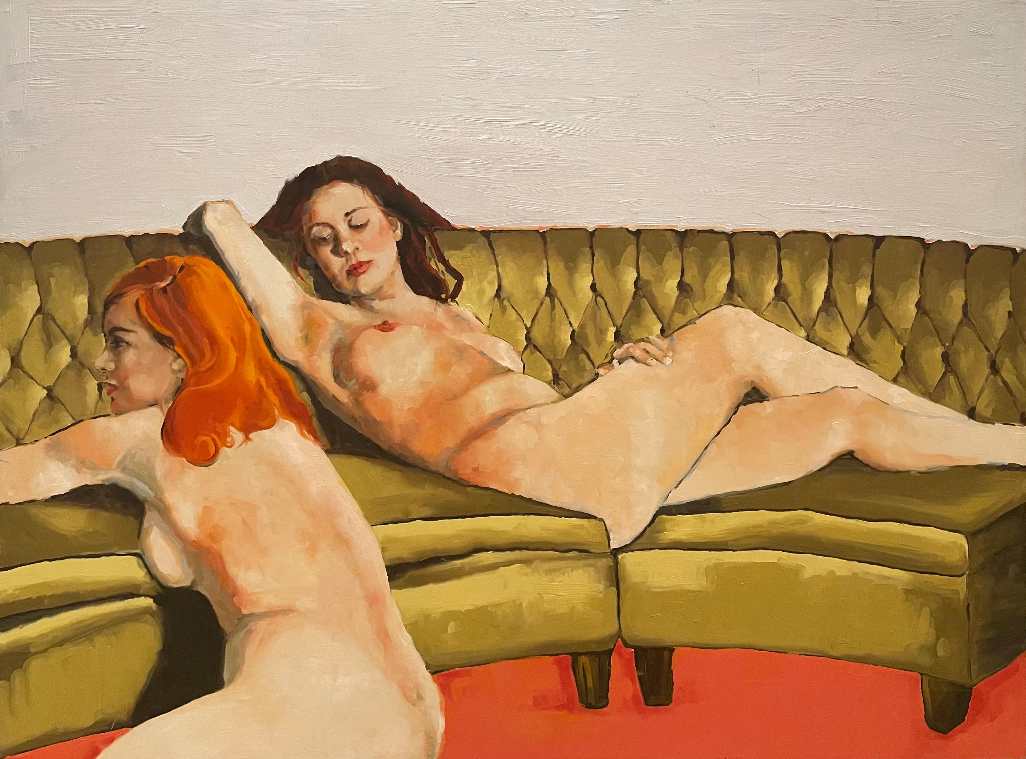 "Two Nude Women on Couch" by renowned artist Shana Wilson presents a striking composition where one woman with orange hair reclines on a light beige couch, while the other, a brunette, sits on the orange-red rug. The contrast of their hair colors