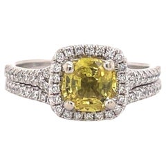 Shane & Co 14k White Gold Yellow Sapphire & Round Diamond Wedding Set Ring