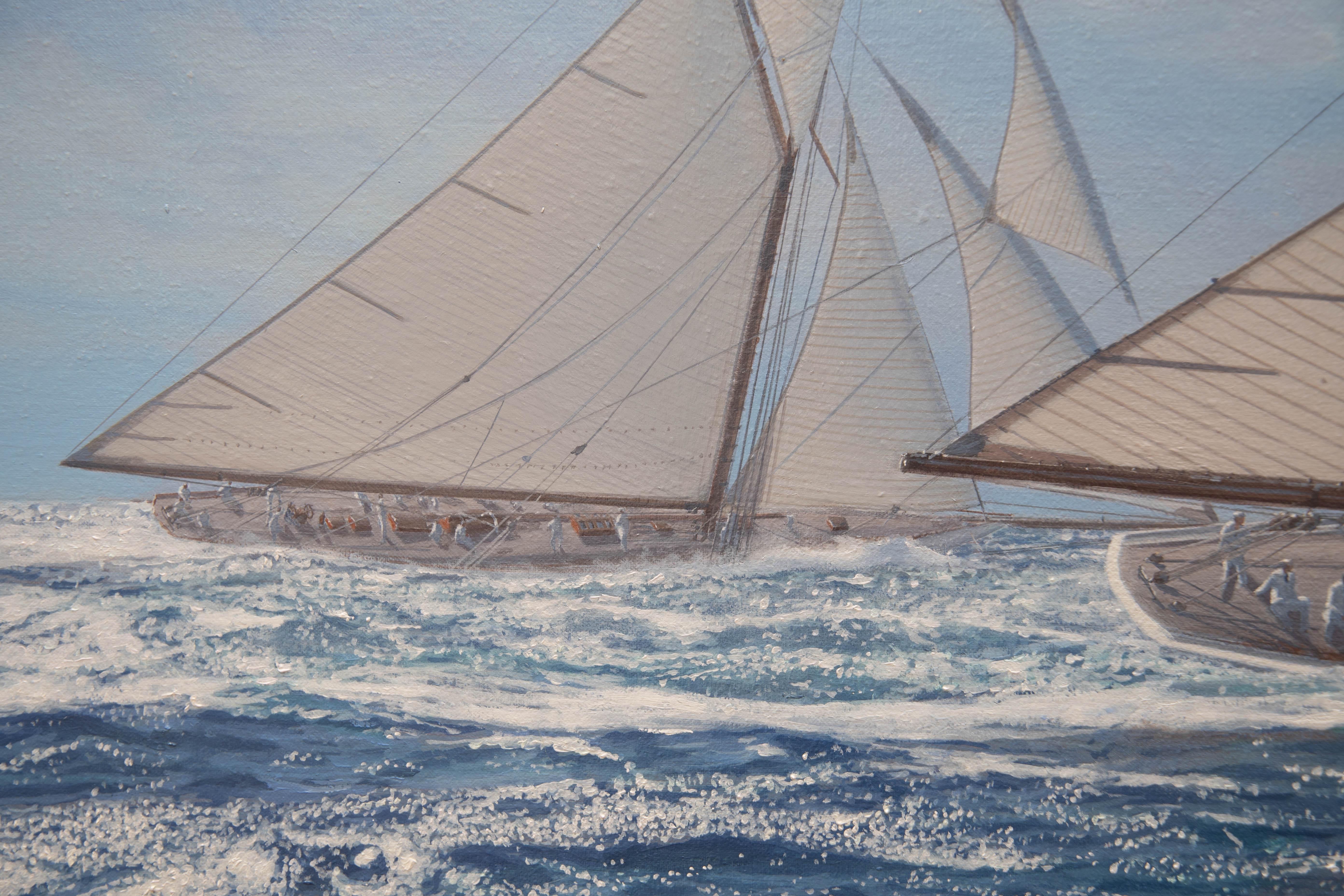 Dimensioni senza cornice: 30 x 40 pollici
Dimensioni della cornice: 35 1/2 x 45 1/3 pollici

13 settembre 1899
Dopo una stagione molto competitiva, il nuovo 90 piedi Columbia di NAT Herreshoff con Charlie Barr al timone era stato selezionato per
