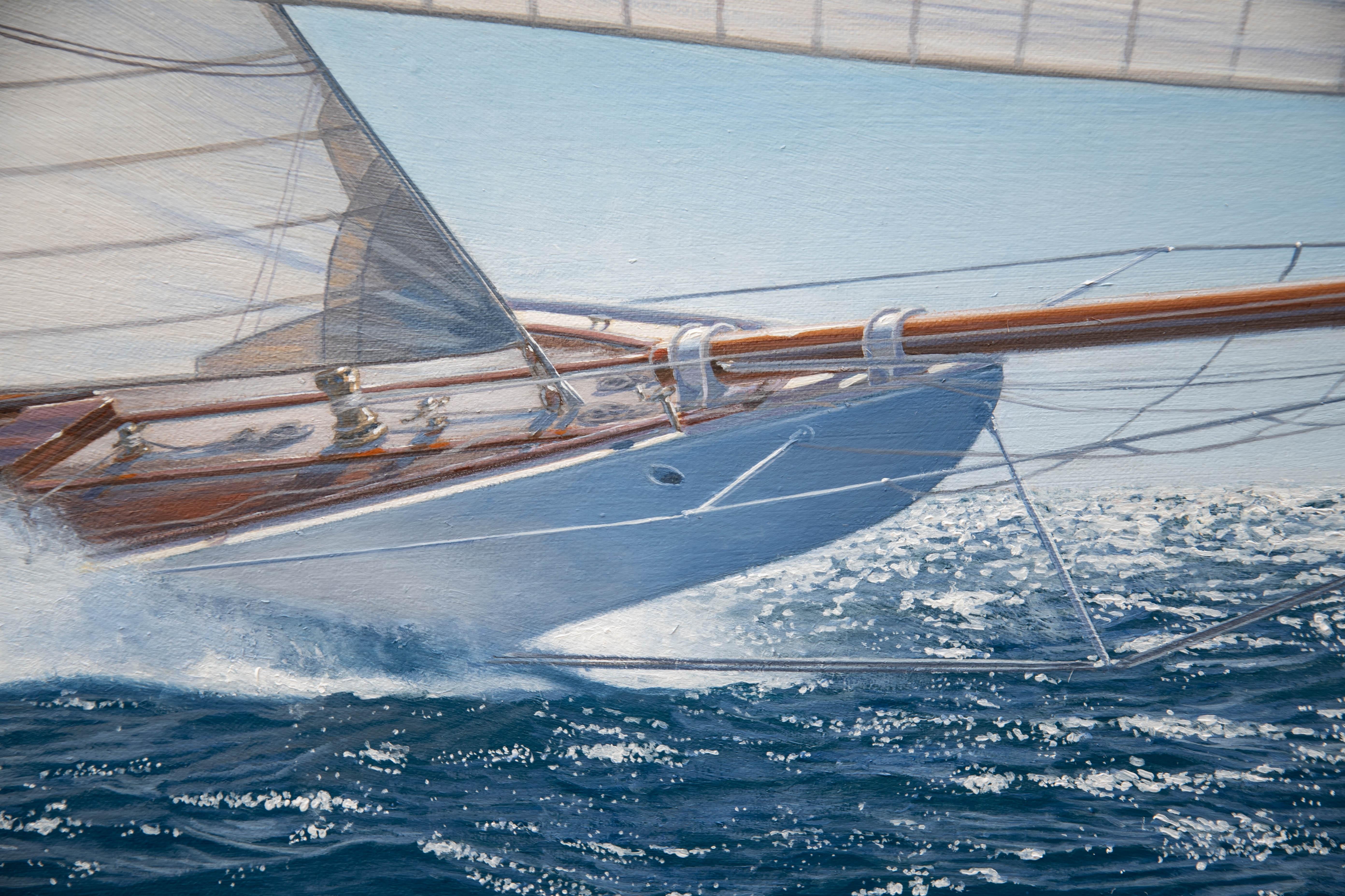 Firmato in basso a sinistra

Il dipinto raffigura Reliance nella prima regata dell'Americas Cup del 1903. Navigando al largo di Sandy Hook con un cielo limpido e una brezza di 12 nodi, Reliance viene mostrata con il parapetto abbassato nella brezza