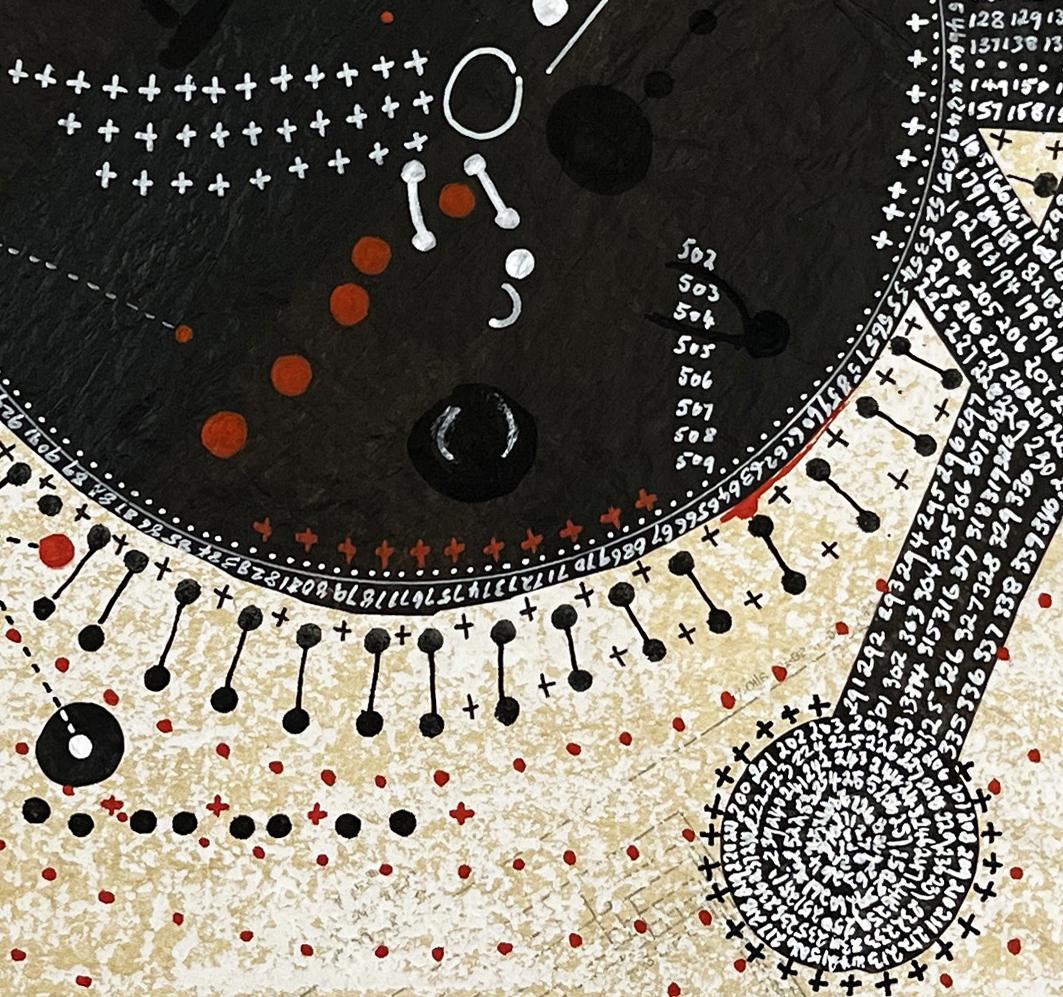L'artiste Shane Drinkwater, né en Tasmanie, exploite son intérêt pour les manuscrits anciens, la cartographie et l'astronomie pour produire des œuvres d'art abstraites empreintes de mystère et de beauté. Toutes ses œuvres sont sans titre et mesurent