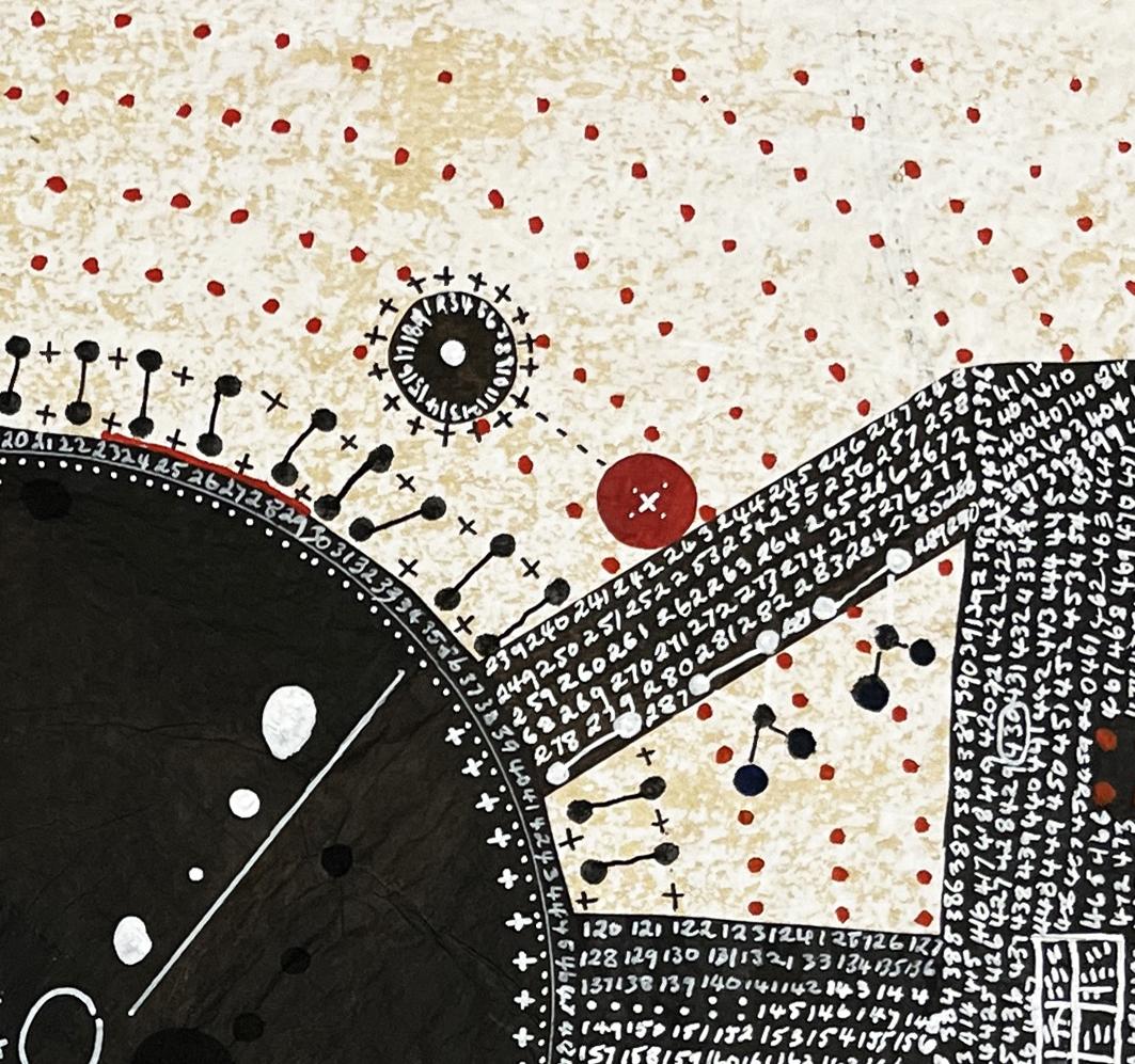 El artista Shane Drinkwater, nacido en Tasmania, aprovecha su interés por los manuscritos antiguos, la cartografía y la astronomía para producir obras abstractas de misterio y belleza. Todas sus obras son Sin título y miden aproximadamente 50x50 cm.