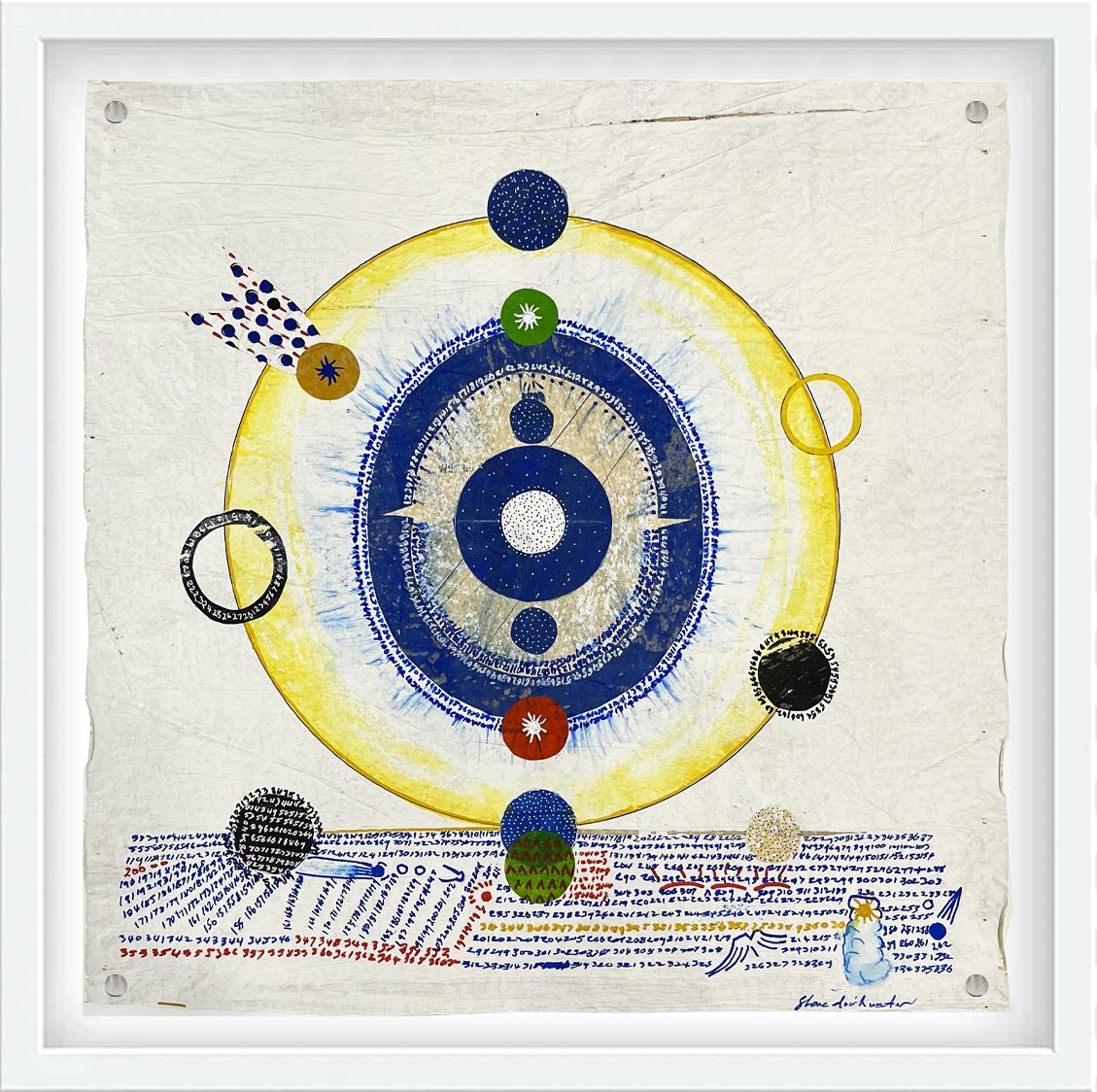 Sin título, pintura y collage sobre papel tratado, marco de madera, cristal