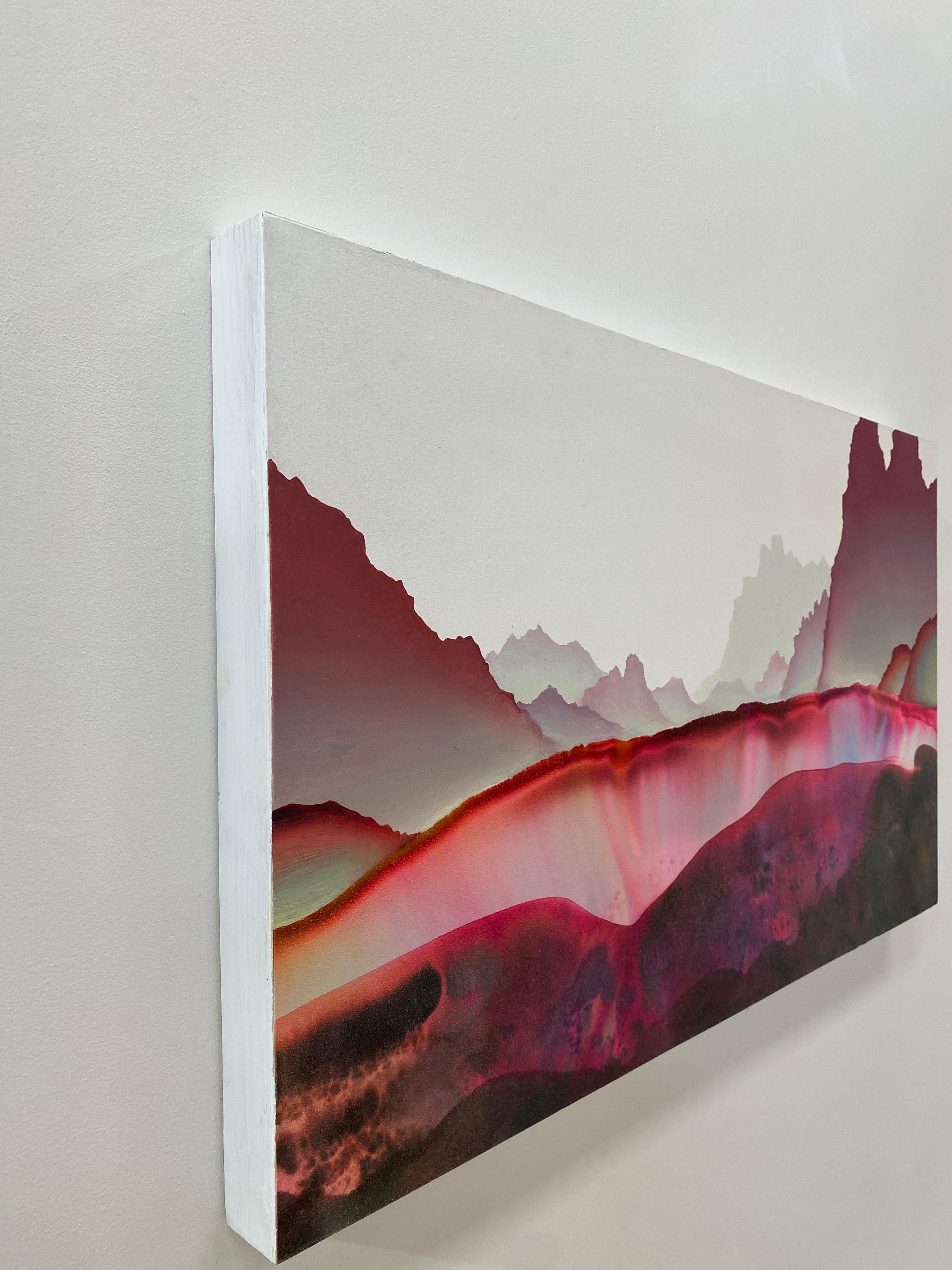 In this horizontal landscape painting in ink and oil on paper mounted on panel, the artist's unique ink process creates soft striations of bright pink, dark crimson red, pale yellow and orange at the center of a layered, undulating composition. The