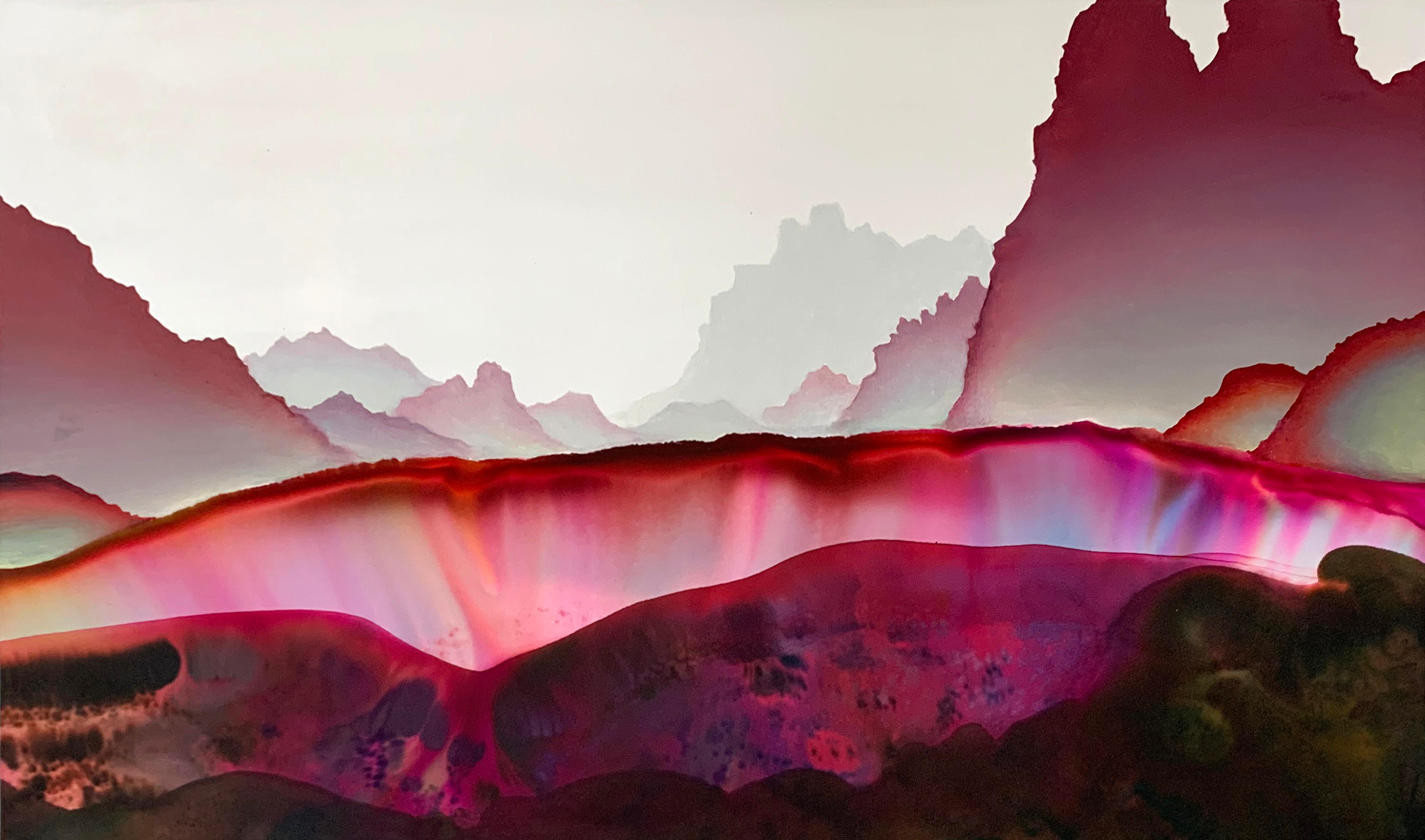 Shane McAdams Abstract Painting - Her Compliments, Horizontal Abstract Landscape, Pink, Dark Red, Brown, White