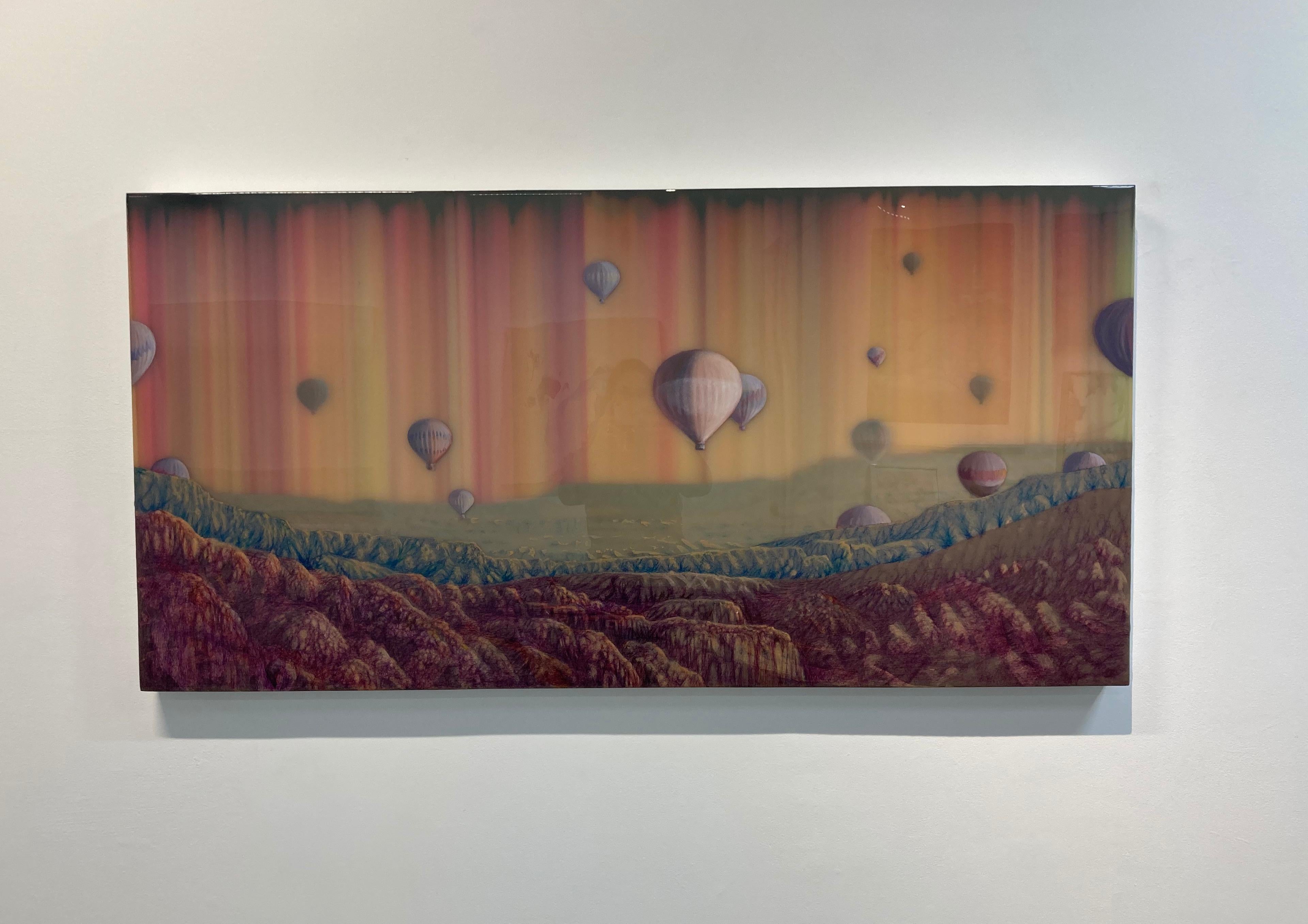 Aire caliente - Paisaje abstracto de montaña Rayas rosa amarillo Resina, 2015 en venta 7