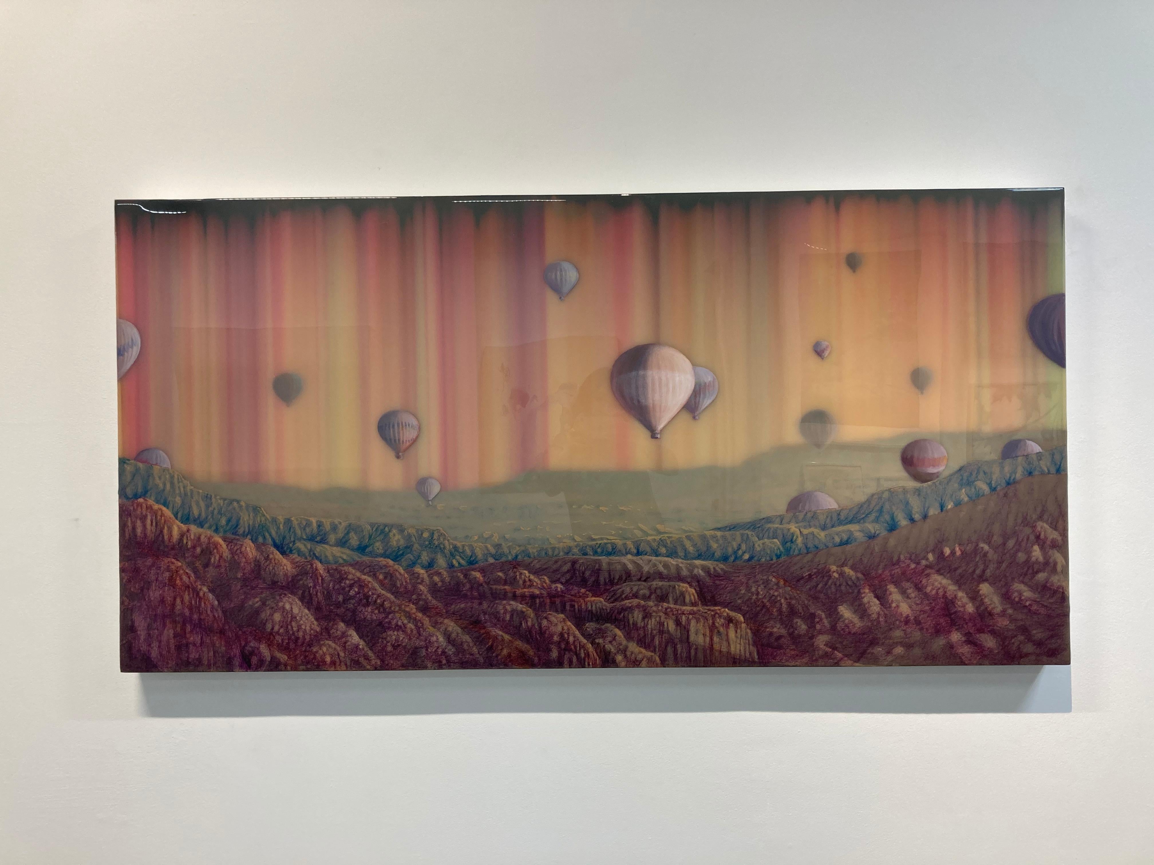 Hot Air, Horizontal Pink, Yellow Abstract Mountain Landscape Hot Air Balloons - Painting by Shane McAdams