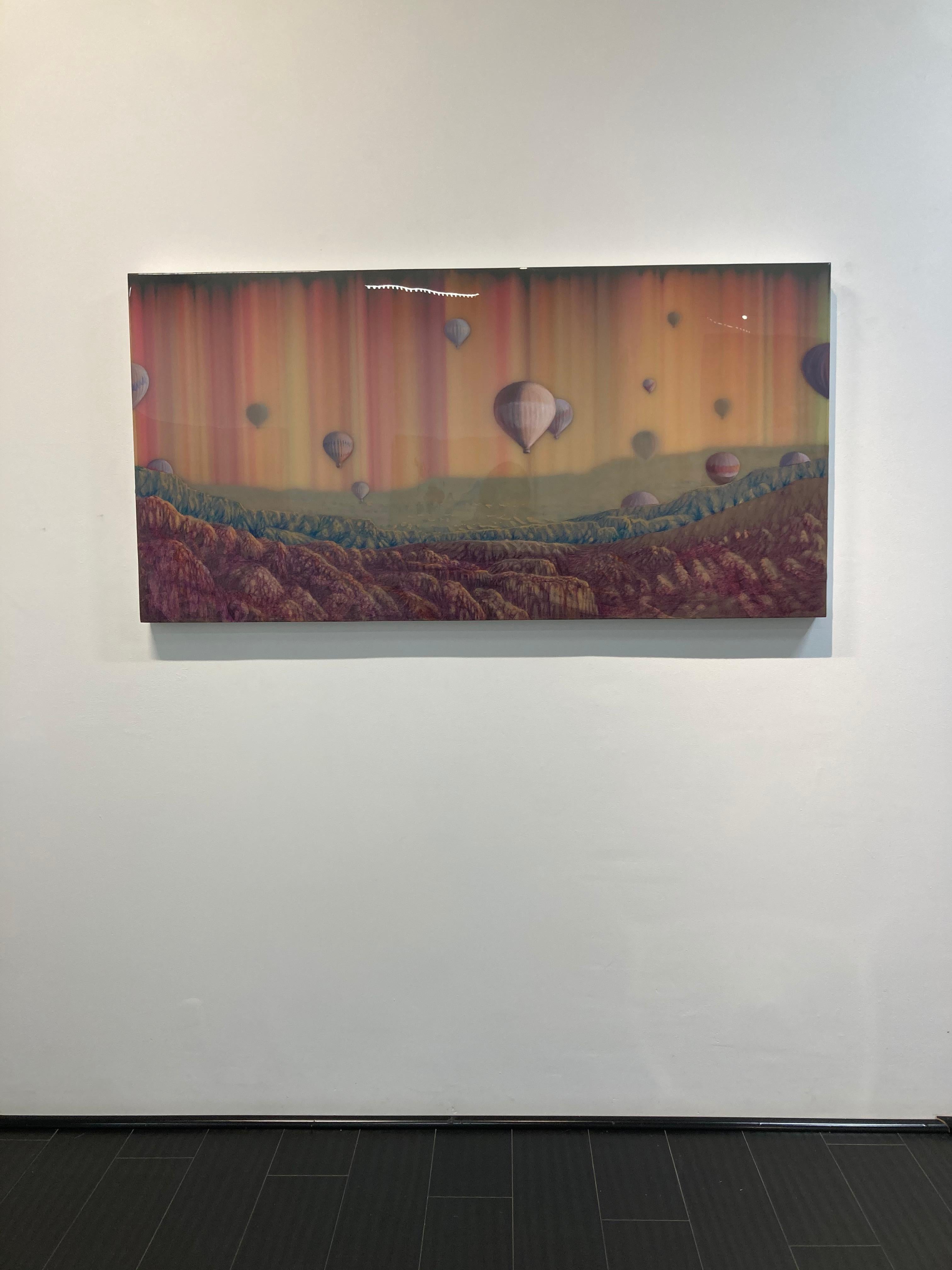 Hot Air, Horizontal Pink, Yellow Abstract Mountain Landscape Hot Air Balloons - Contemporary Painting by Shane McAdams