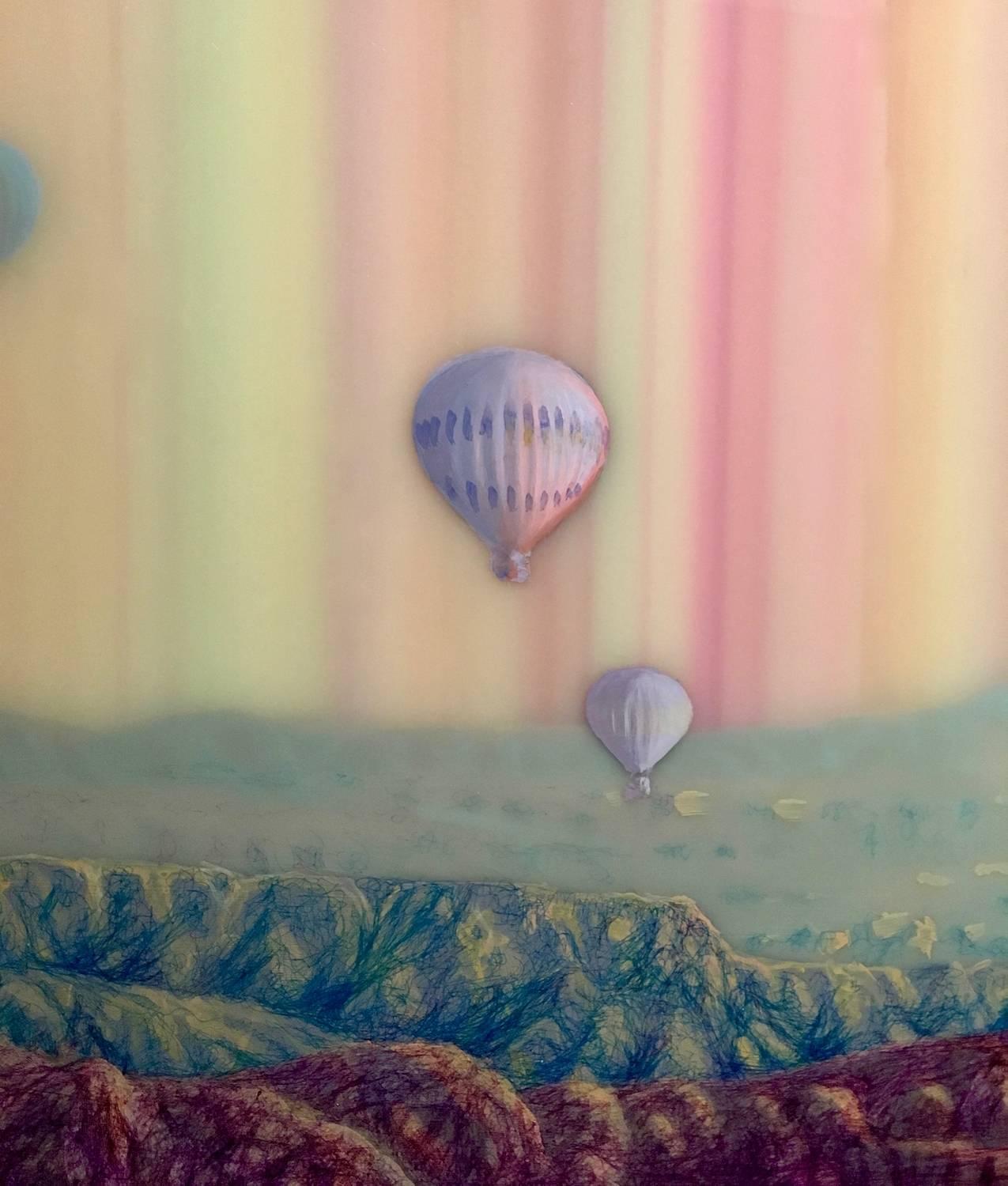 Hot Air, Horizontal Pink, Yellow Abstract Mountain Landscape Hot Air Balloons For Sale 2