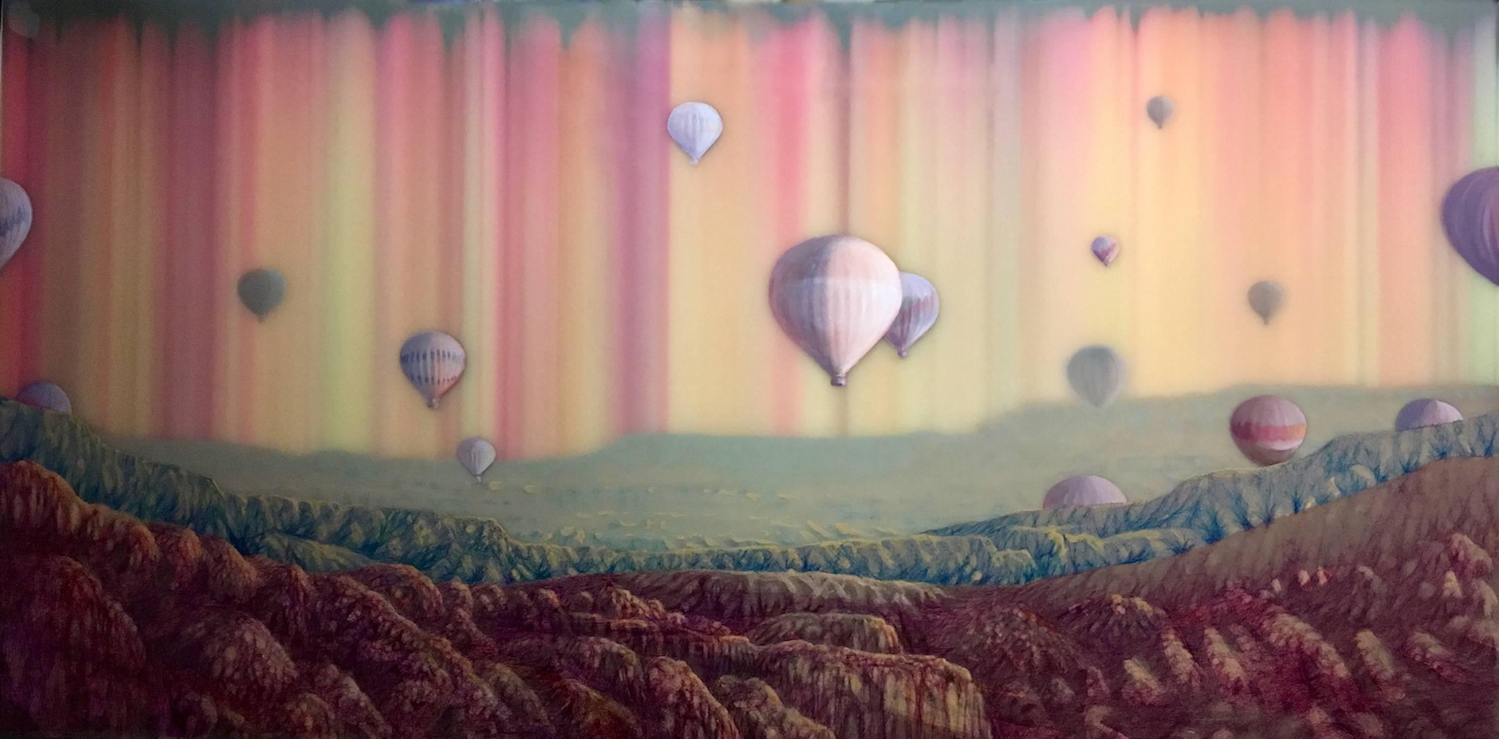 Shane McAdams Landscape Painting - Hot Air, Horizontal Pink, Yellow Abstract Mountain Landscape Hot Air Balloons