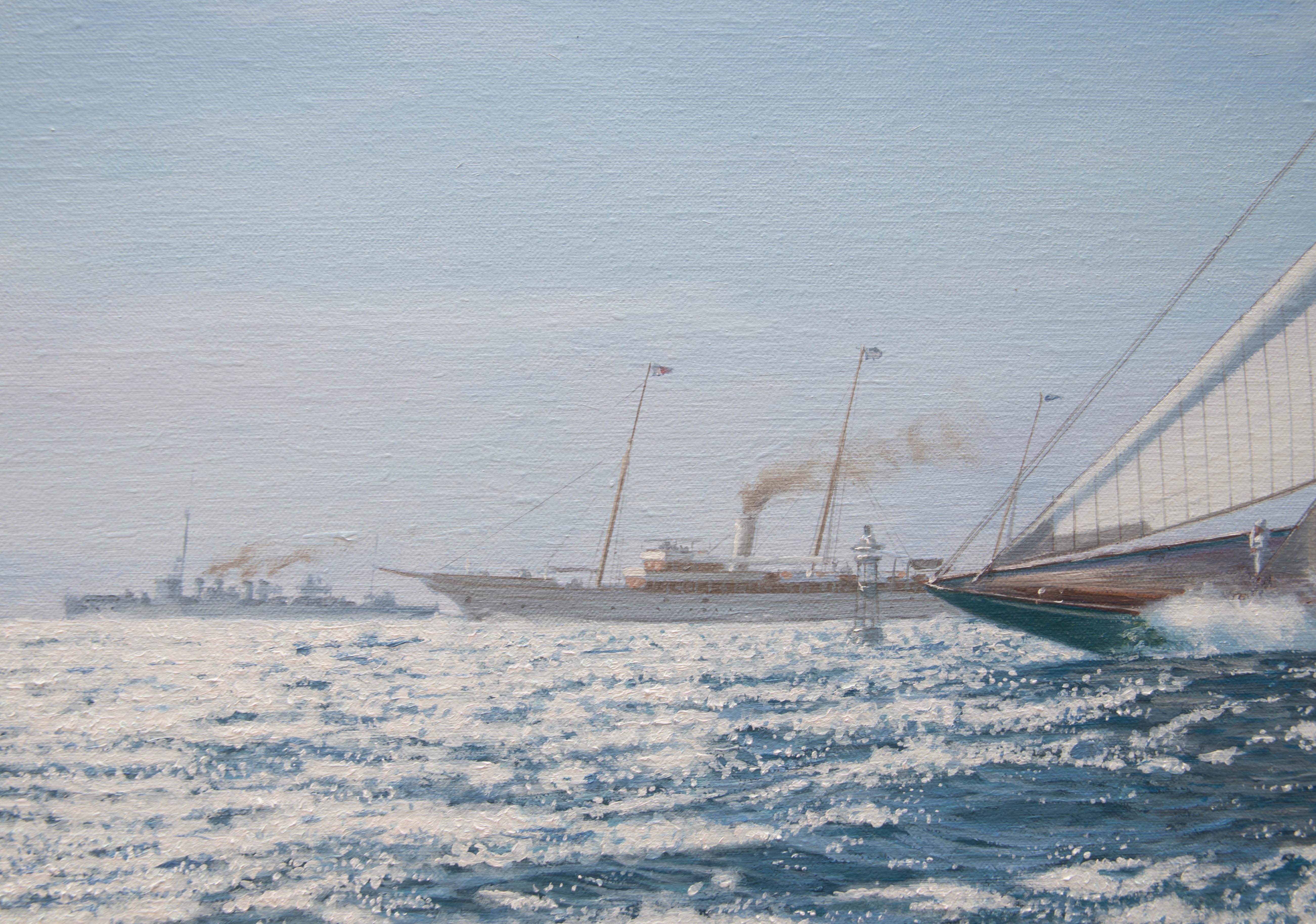 Una salida reñida, regata de la Copa América de 1930 - Figurative Painting Azul de Shane Michael Couch