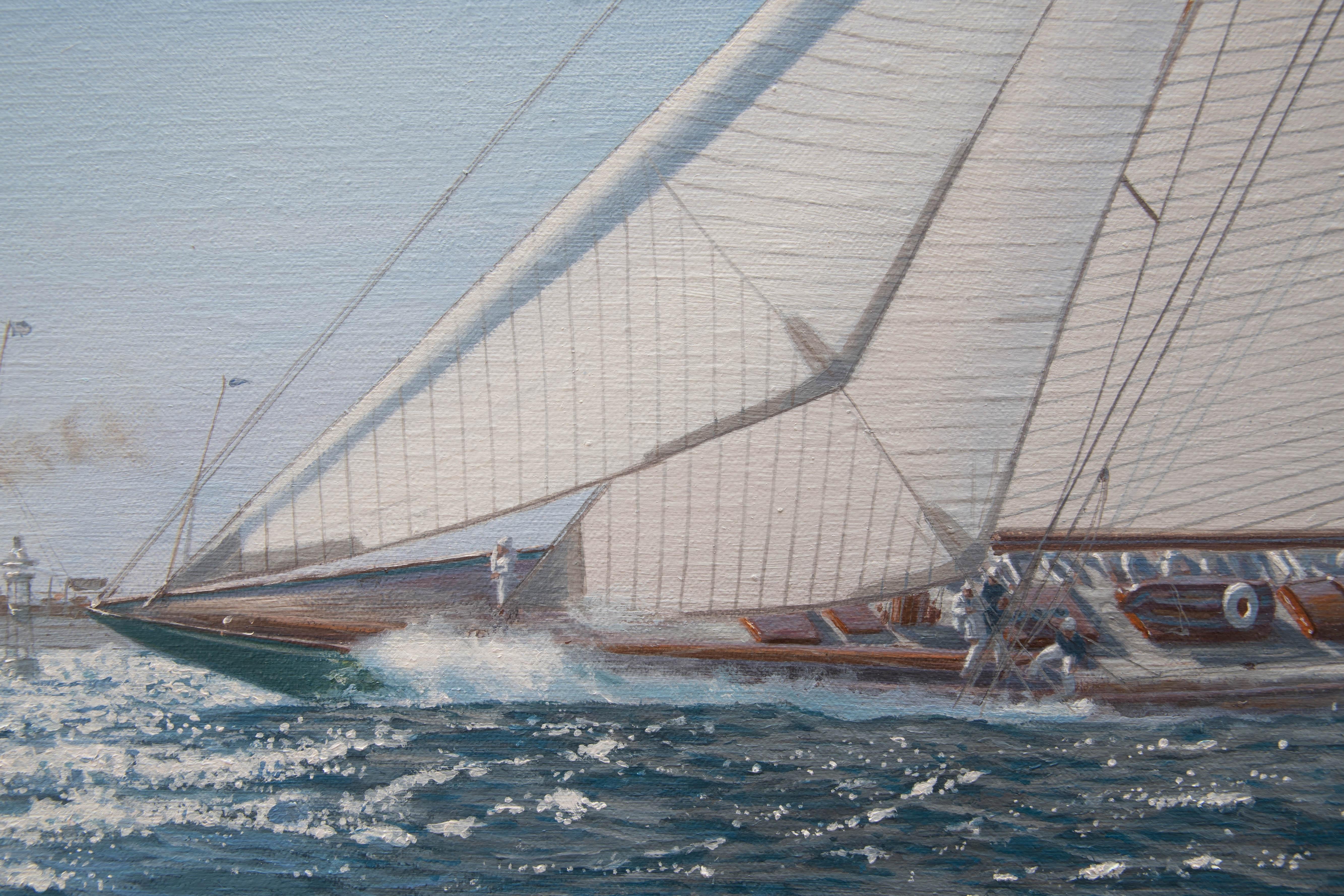El cuadro representa la salida de la tercera regata de la Copa América de 1930, el 17 de septiembre. El día era ideal para la regata, con una brisa de 13 nudos del OSO.
Ambos yates comenzaron amurados a estribor, el Enterprise a sotavento del