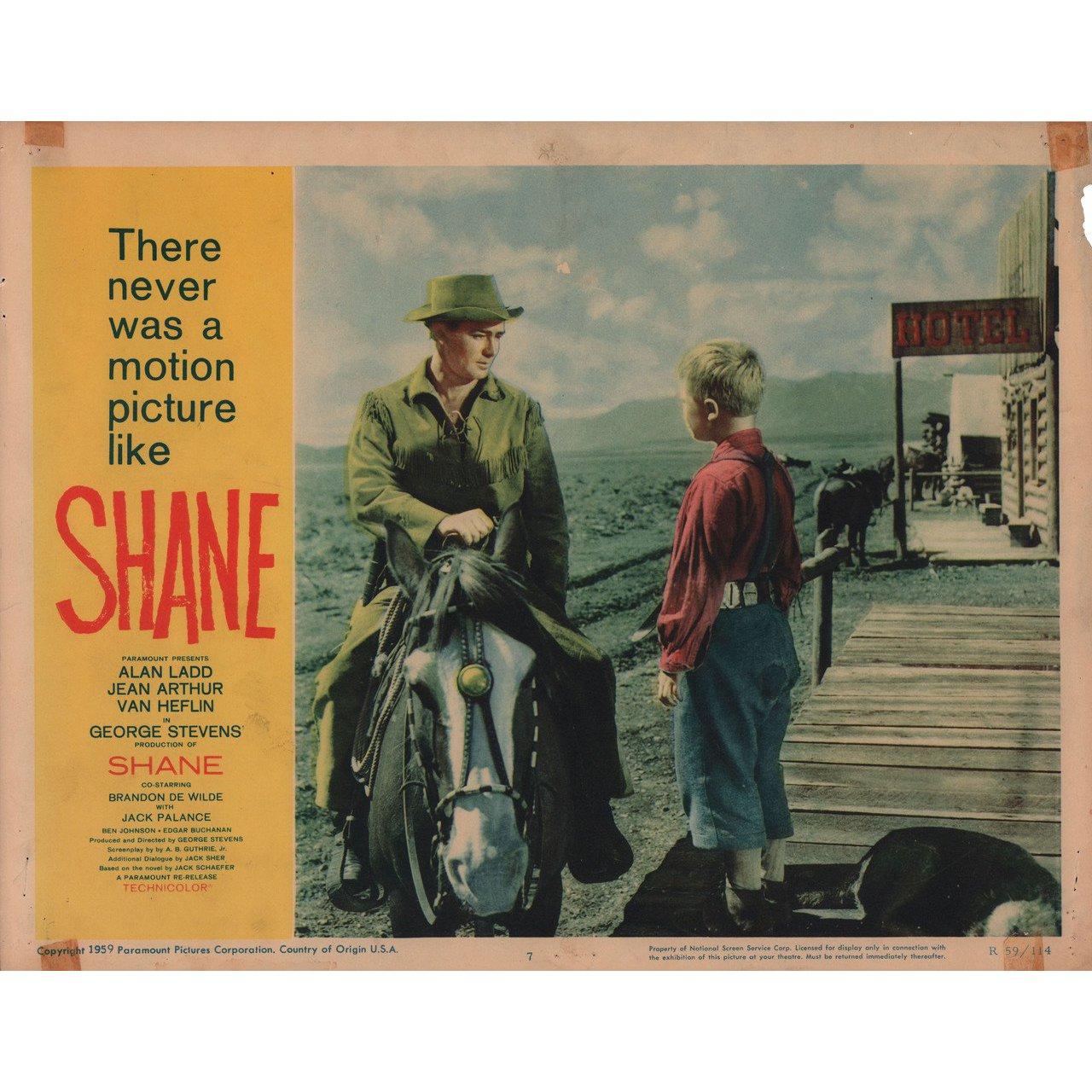 Original 1959 re-release U.S. scene card for the 1953 film Shane directed by George Stevens with Alan Ladd / Jean Arthur / Van Heflin / Brandon De Wilde. Very good condition, tape stains. Please note: the size is stated in inches and the actual size