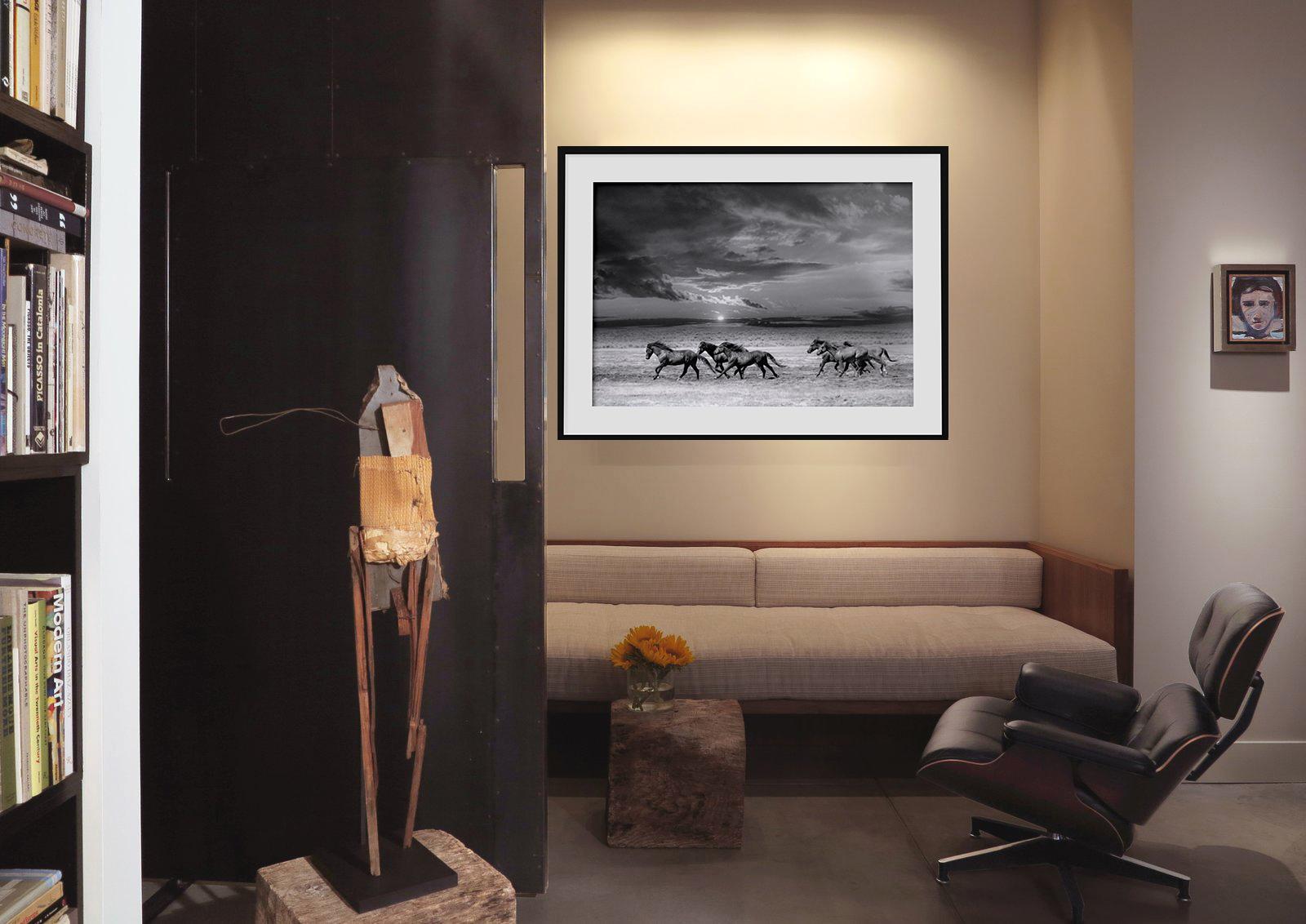 Chasing the Light – 28x40 Schwarz-Weiß-Fotografie mit Wildpferden, Senf, signiert 3