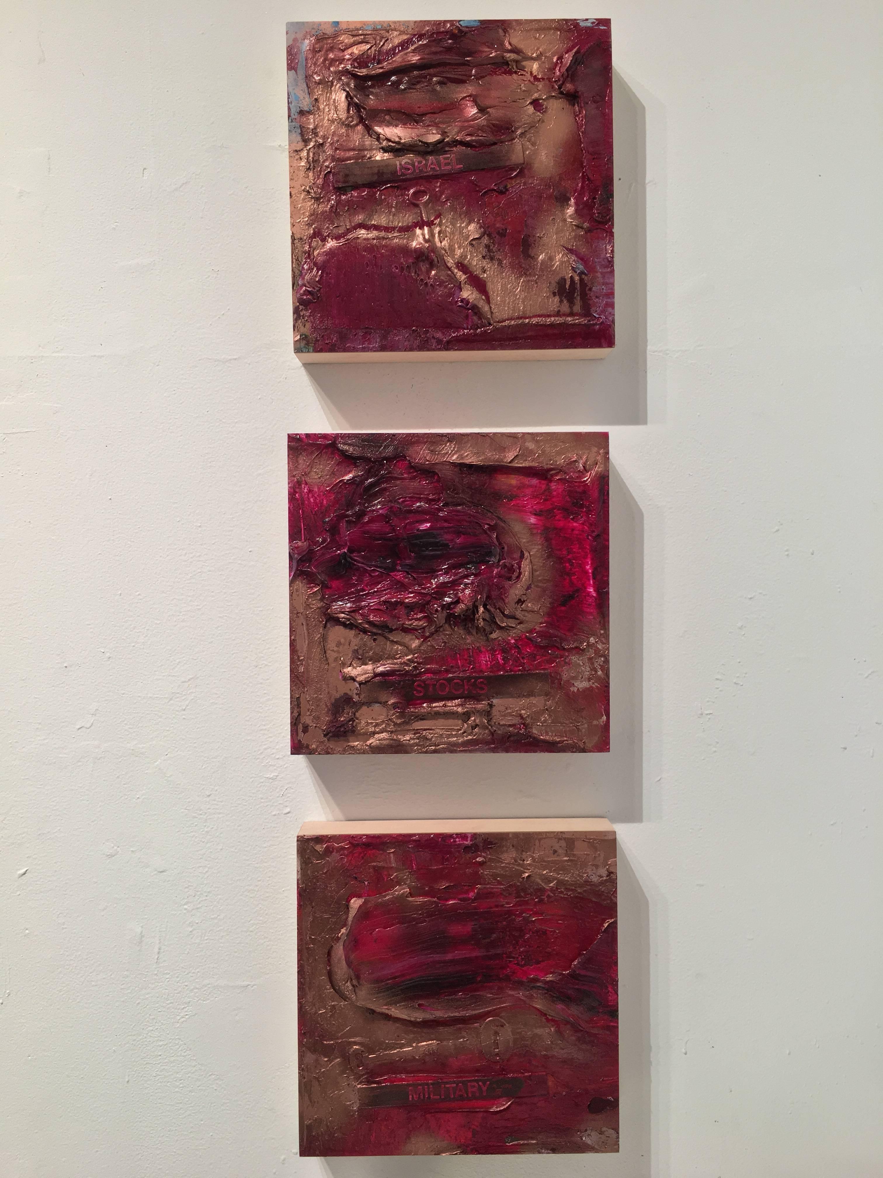 Contemporary abstract series by artist, Shane Townley. Textured acrylic and mixed media painting on canvas. Great mid century modern style. Paintings on 2in wood panels. Inspired by the current issues in Israel. Perfect piece for any